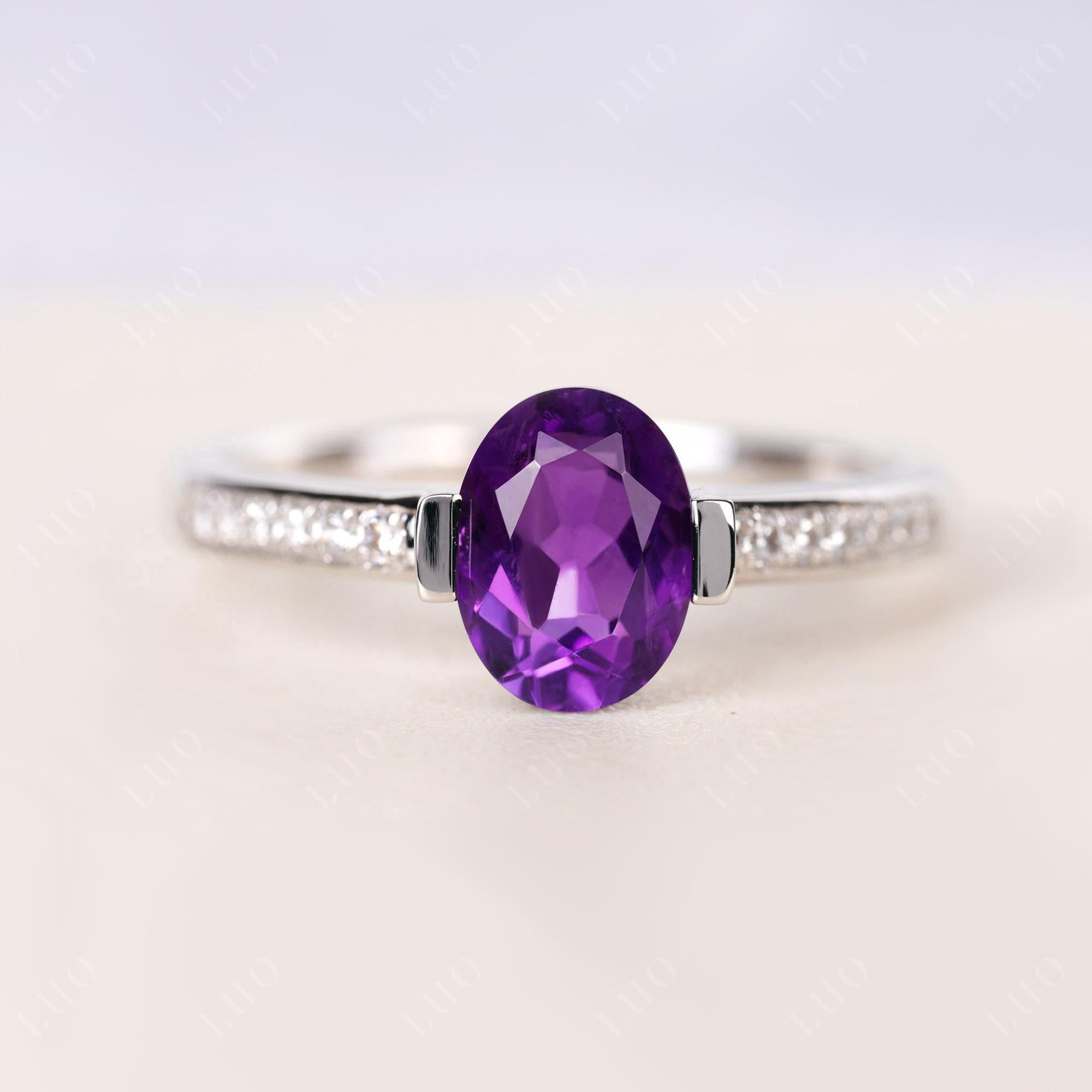 Oval Amethyst Engagement Ring Half Bezel Set | LUO Jewelry