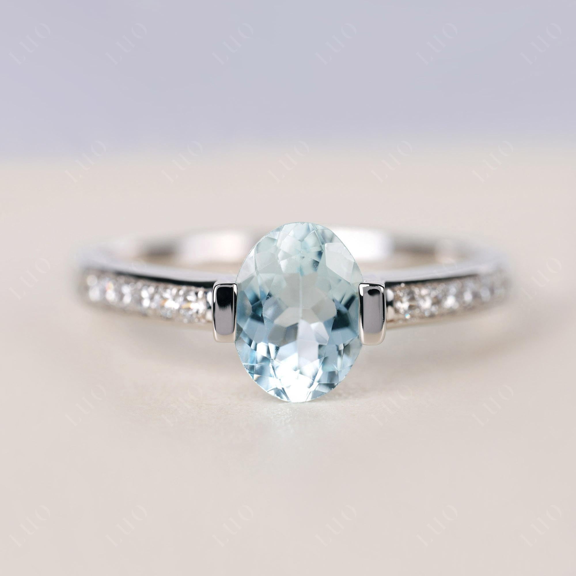 Oval Aquamarine Engagement Ring Half Bezel Set | LUO Jewelry