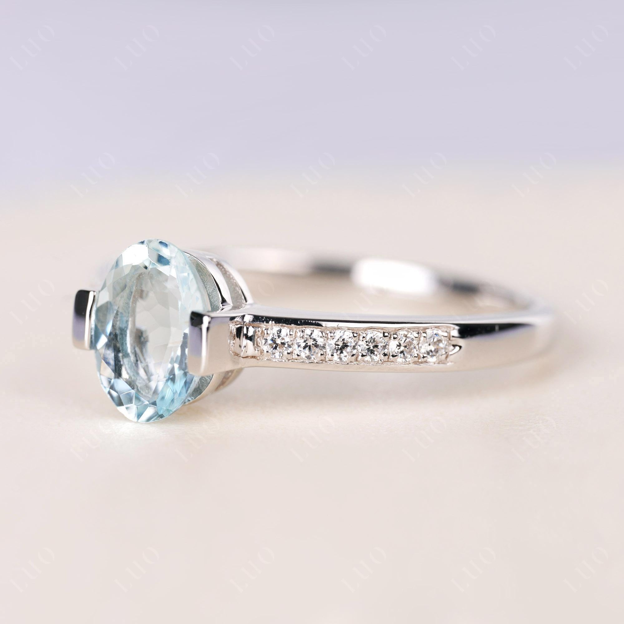 Oval Aquamarine Engagement Ring Half Bezel Set | LUO Jewelry