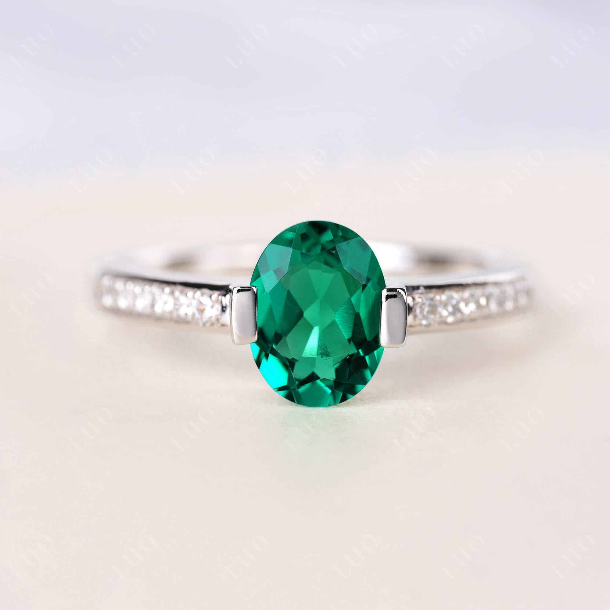 Oval Emerald Engagement Ring Half Bezel Set | LUO Jewelry