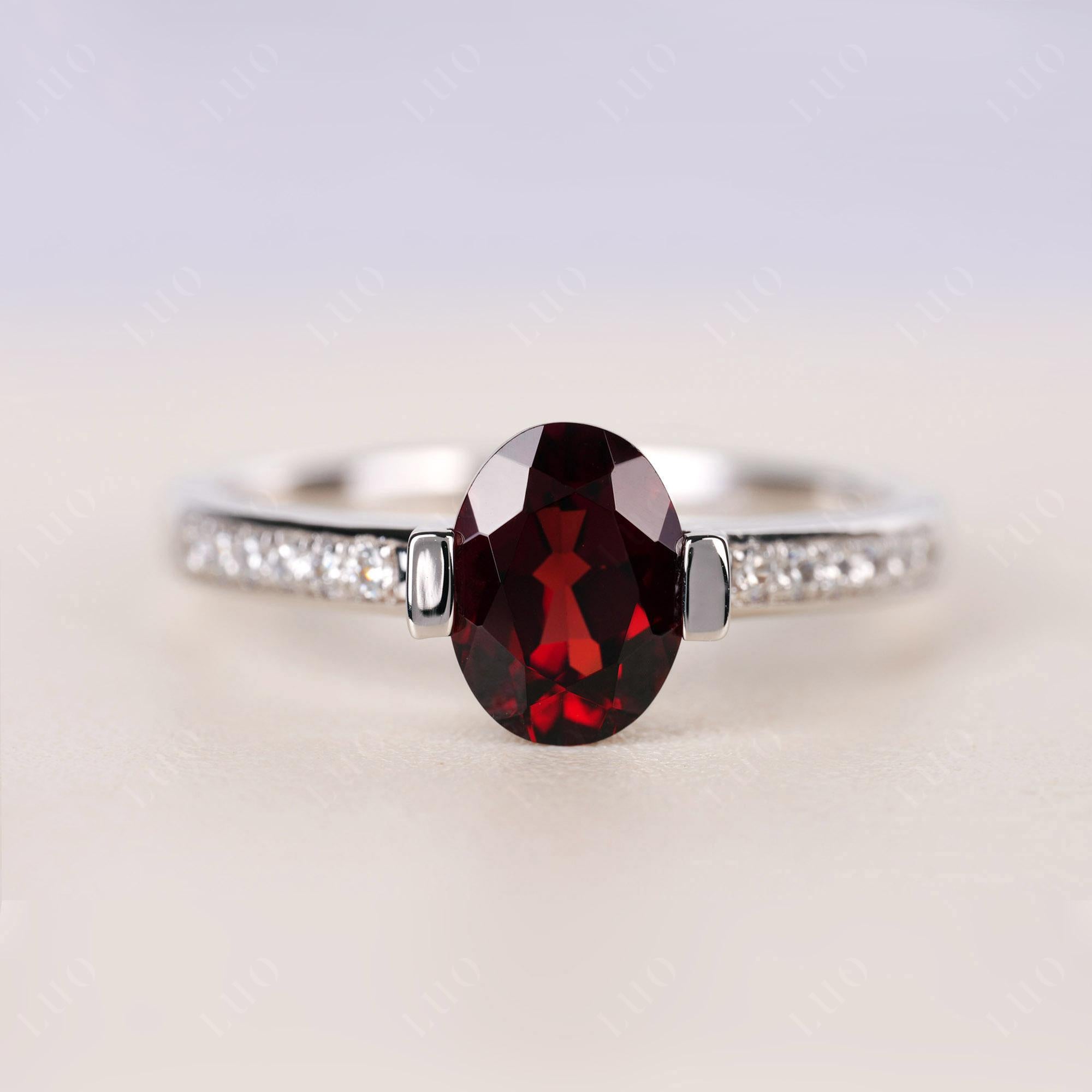 Oval Garnet Engagement Ring Half Bezel Set | LUO Jewelry