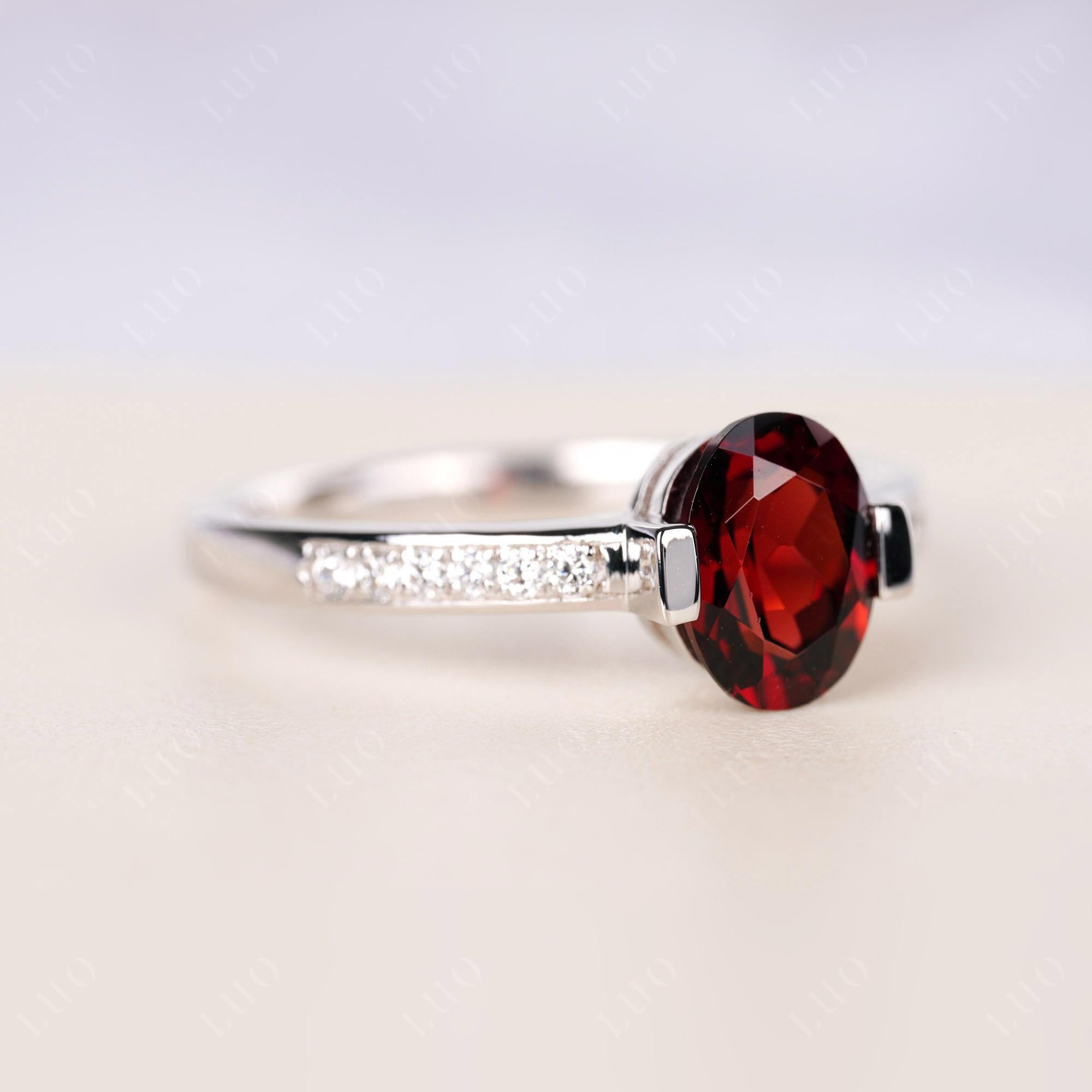 Oval Garnet Engagement Ring Half Bezel Set | LUO Jewelry