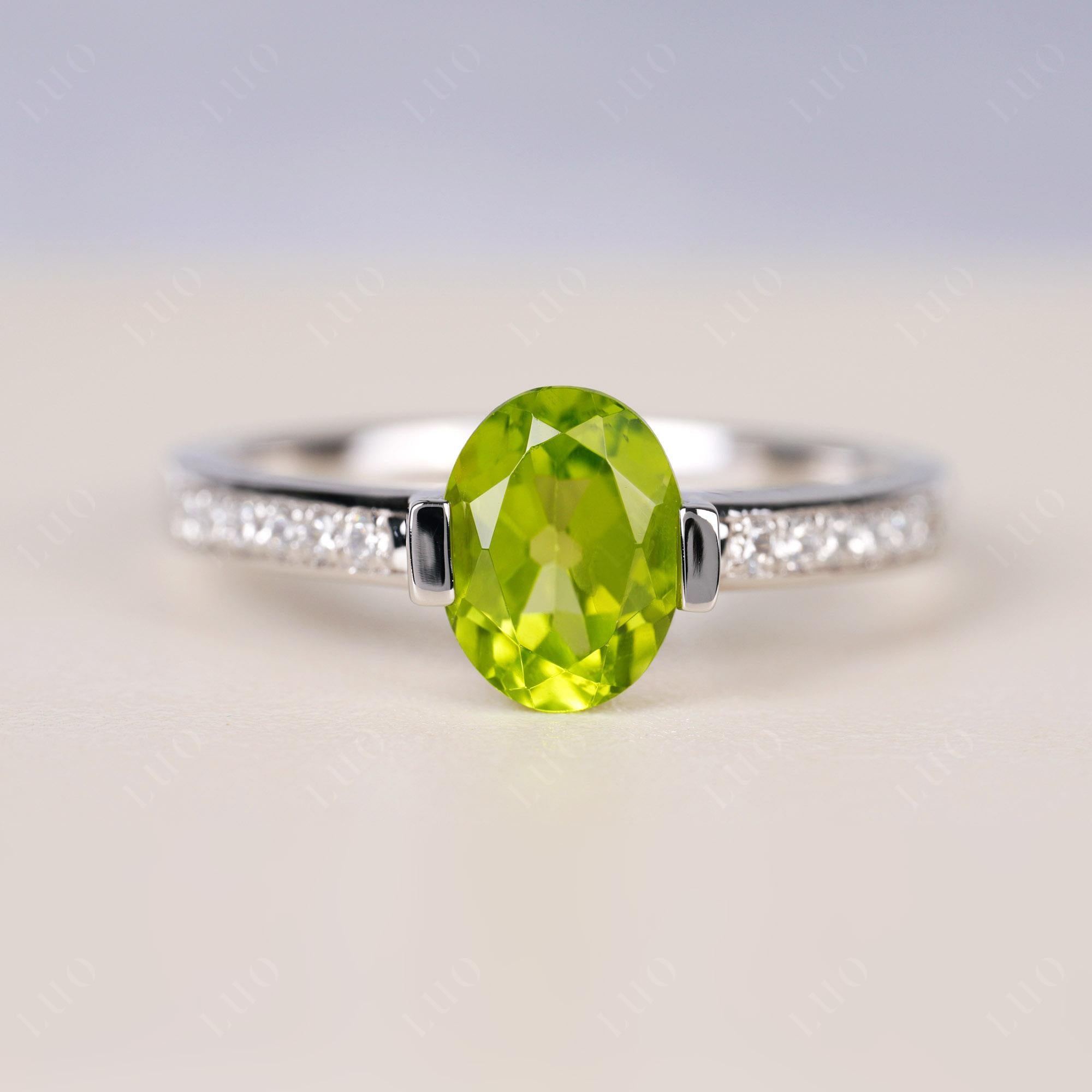 Oval Peridot Engagement Ring Half Bezel Set | LUO Jewelry