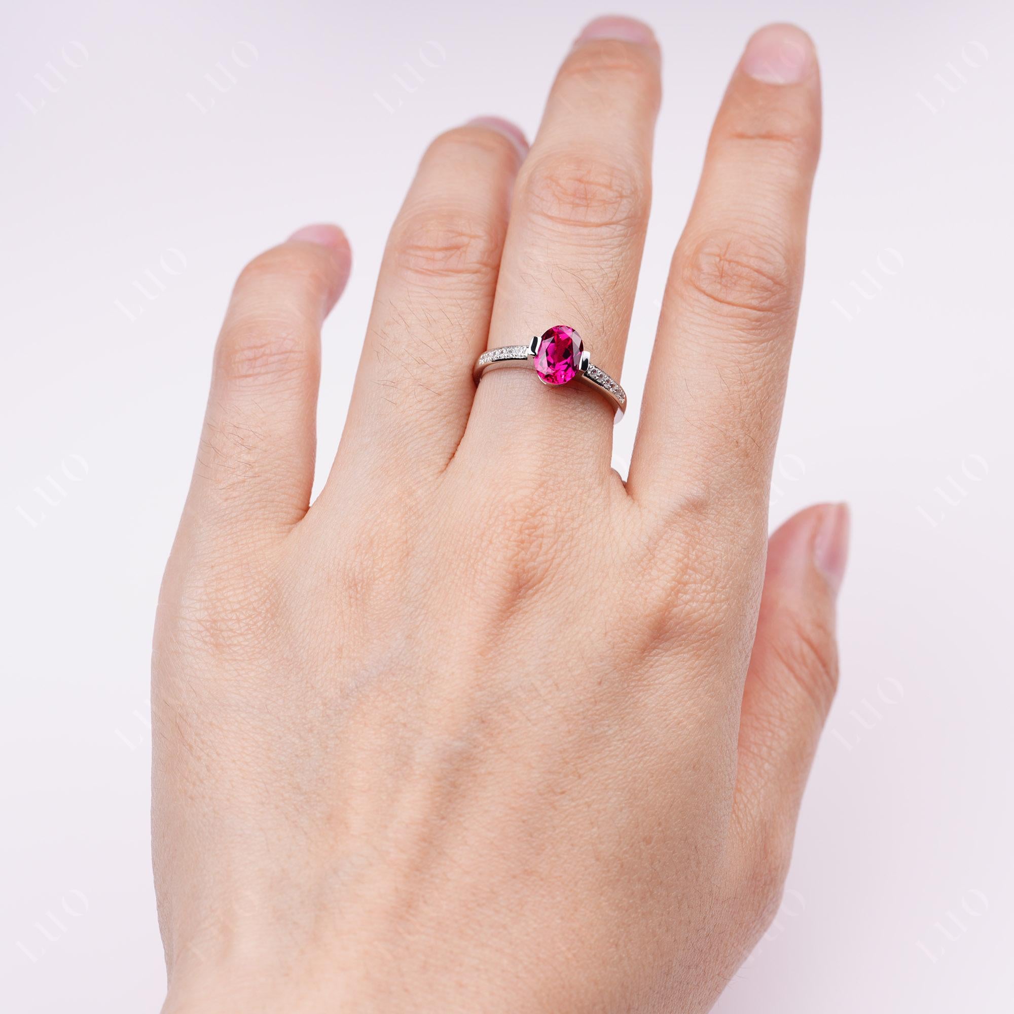 Oval Ruby Engagement Ring Half Bezel Set | LUO Jewelry