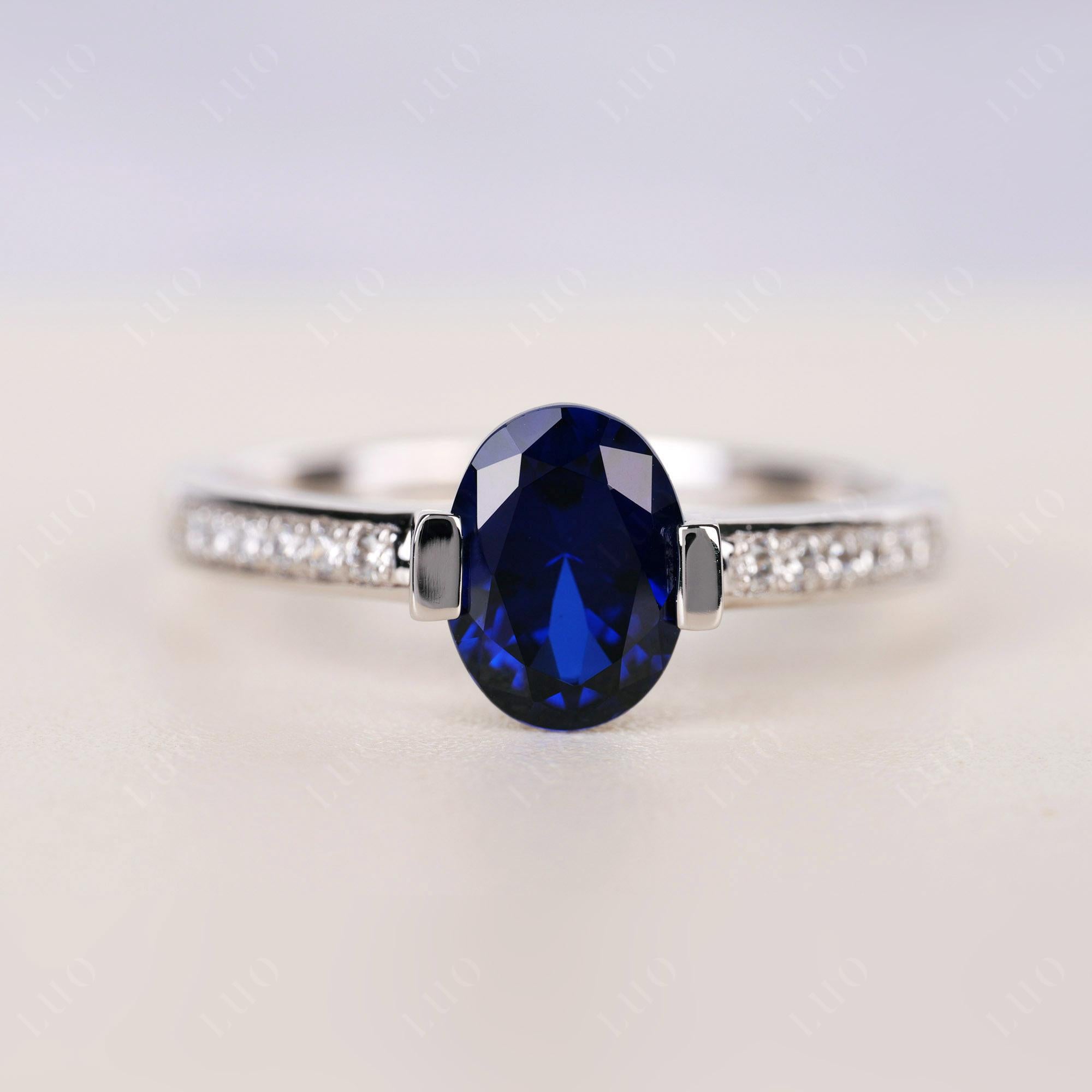 Oval Sapphire Engagement Ring Half Bezel Set | LUO Jewelry