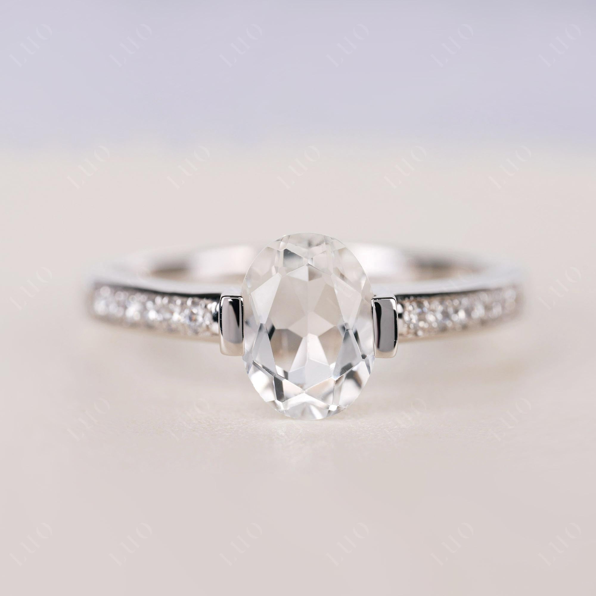 Oval White Topaz Engagement Ring Half Bezel Set | LUO Jewelry