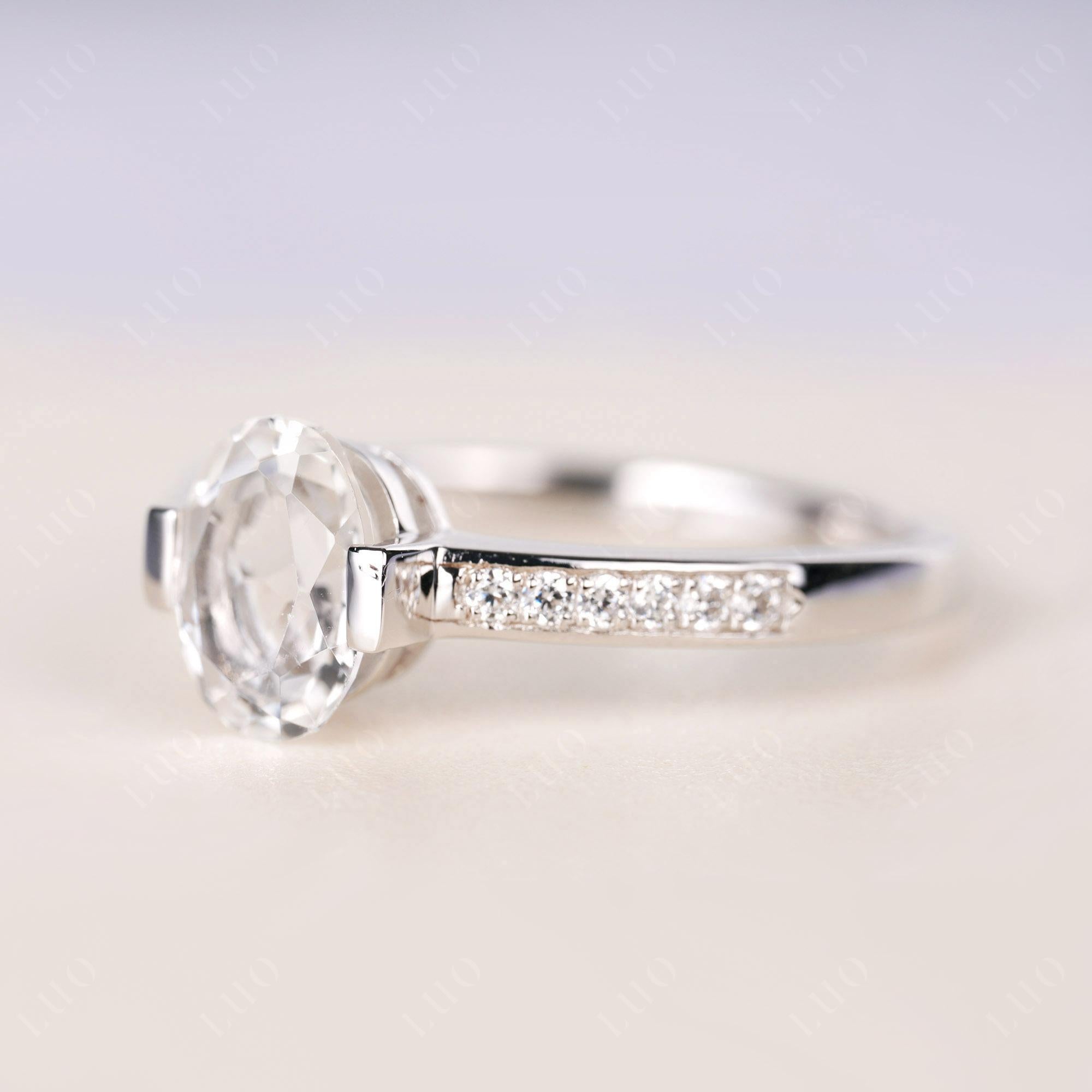 Oval White Topaz Engagement Ring Half Bezel Set | LUO Jewelry