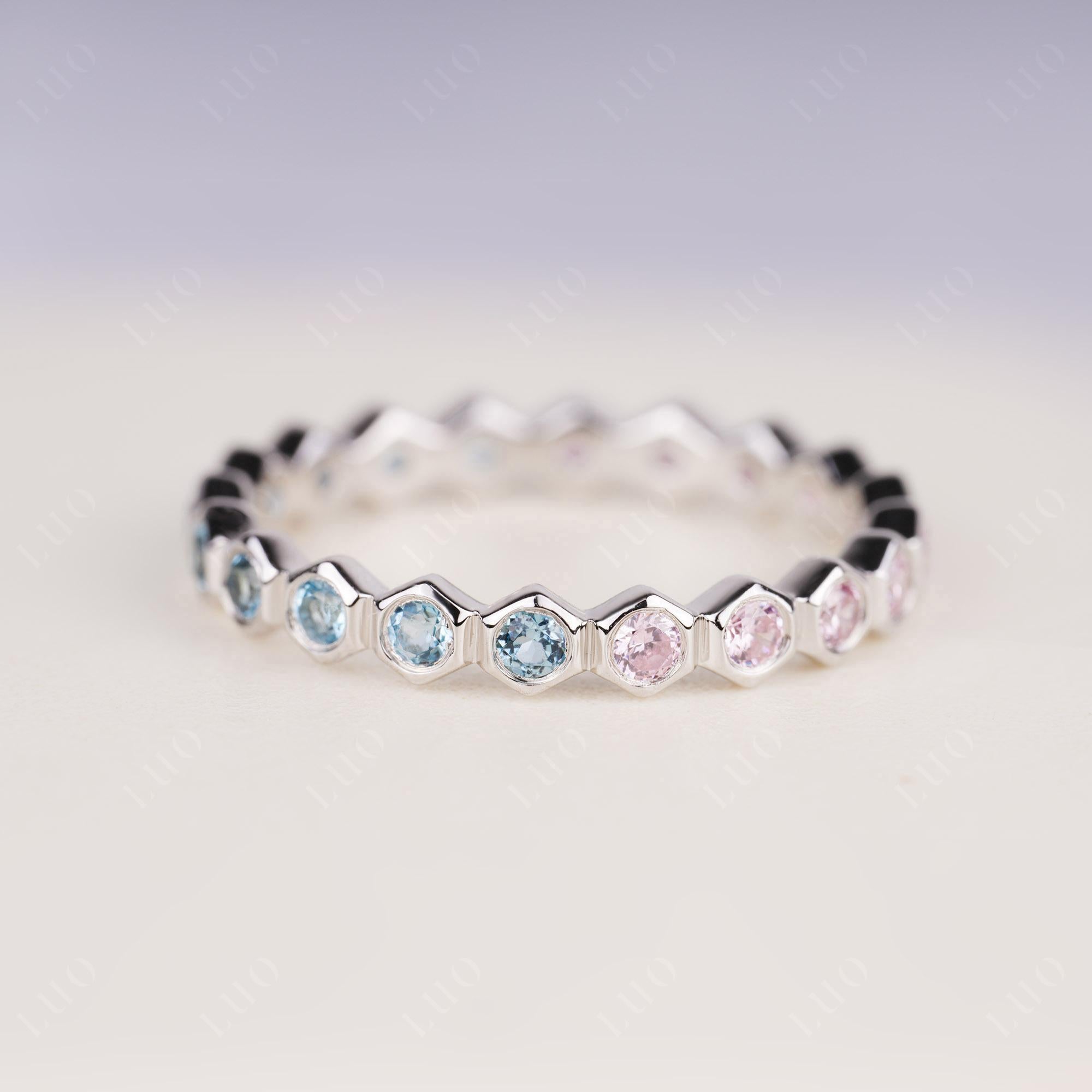 London Blue Topaz and Pink Cubic Zirconia Hexagon Band Ring | LUO Jewelry