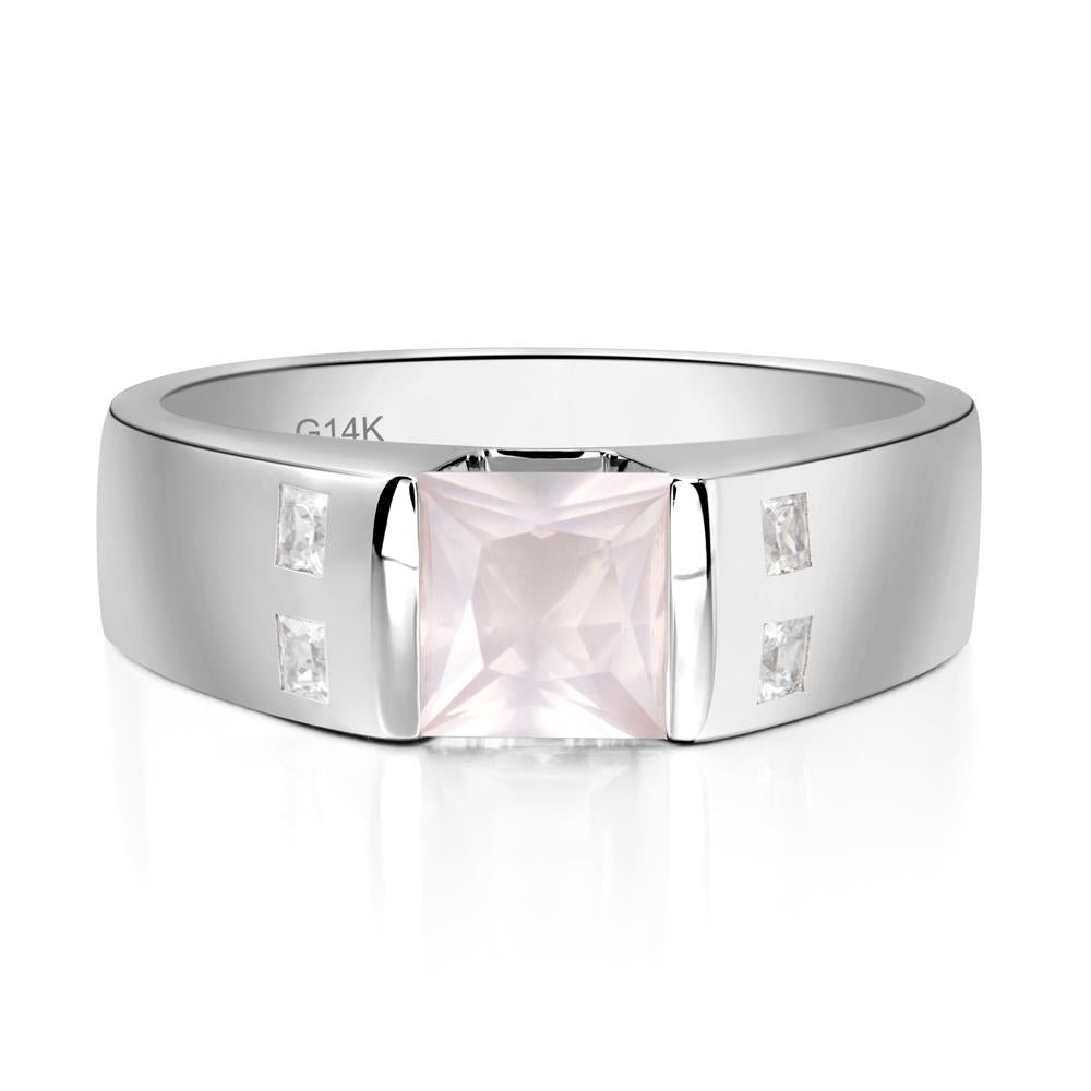 Men'S Princess Cut Rose Quartz Ring - LUO Jewelry #metal_14k white gold