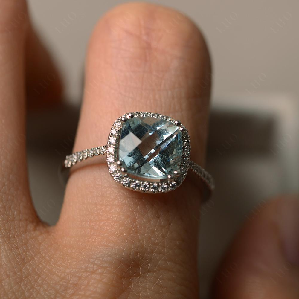 Cushion Cut Aquamarine Halo Ring - LUO Jewelry 