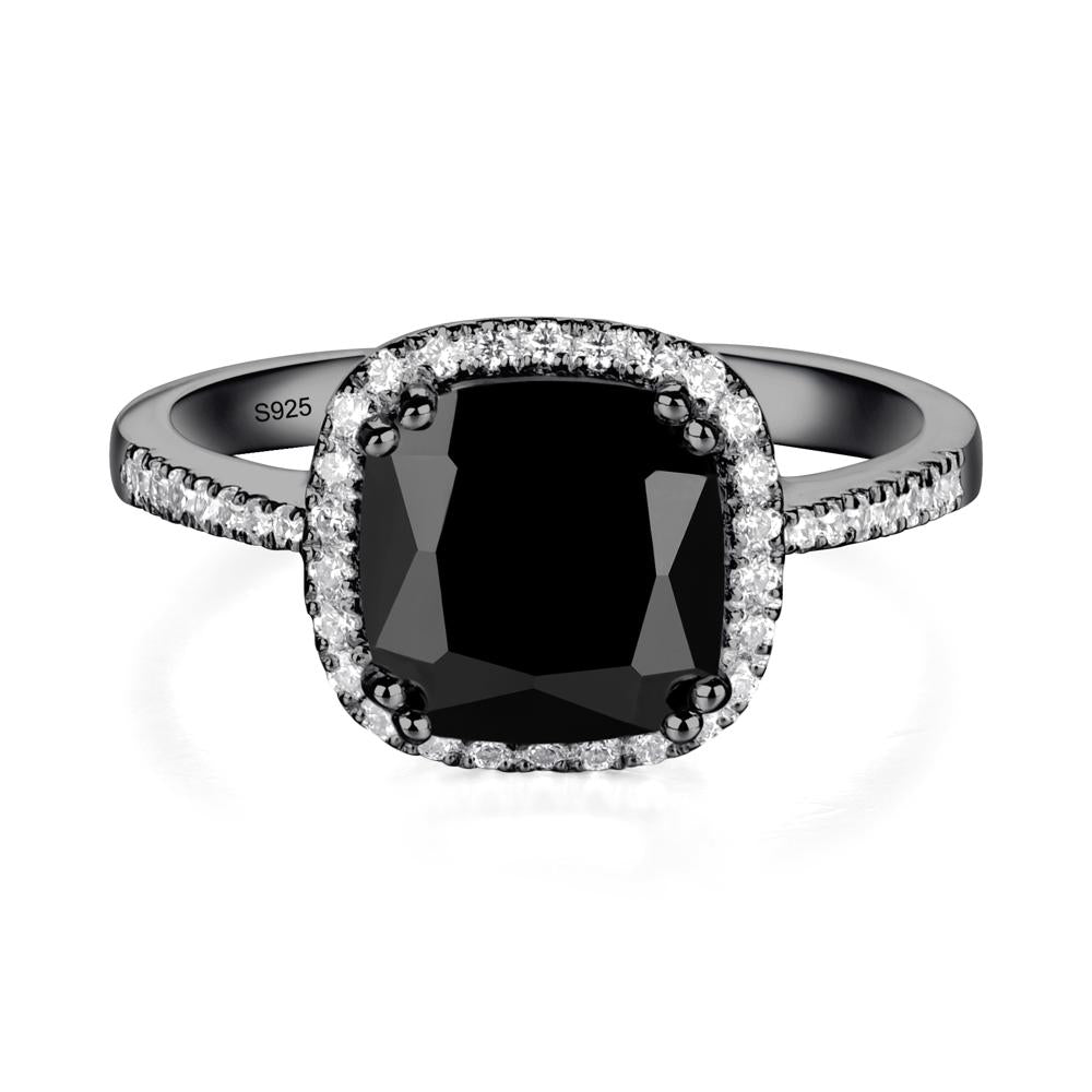 Cushion Cut Black Spinel Halo Ring - LUO Jewelry #metal_black finish sterling silver