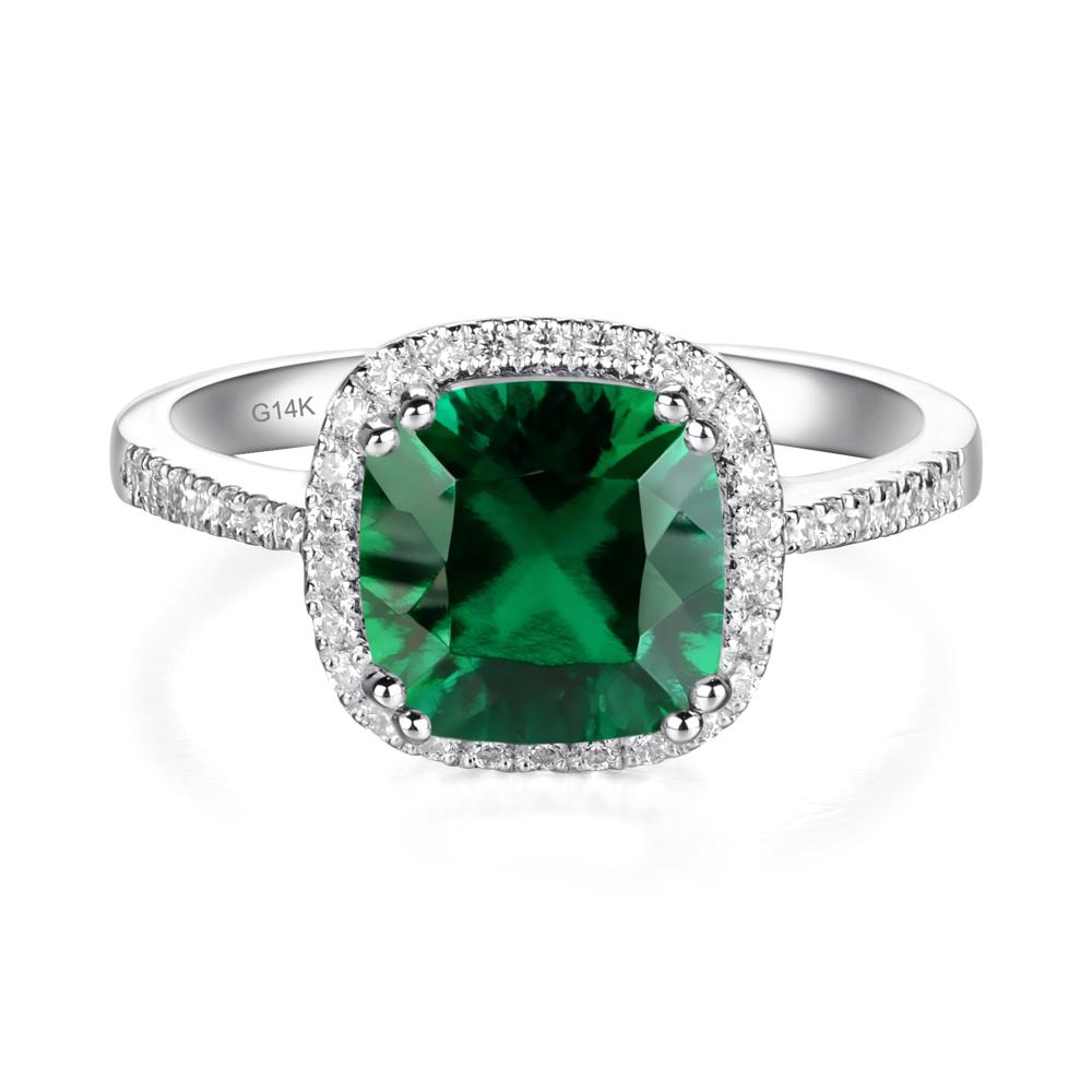 Cushion Cut Emerald Halo Ring - LUO Jewelry #metal_14k white gold