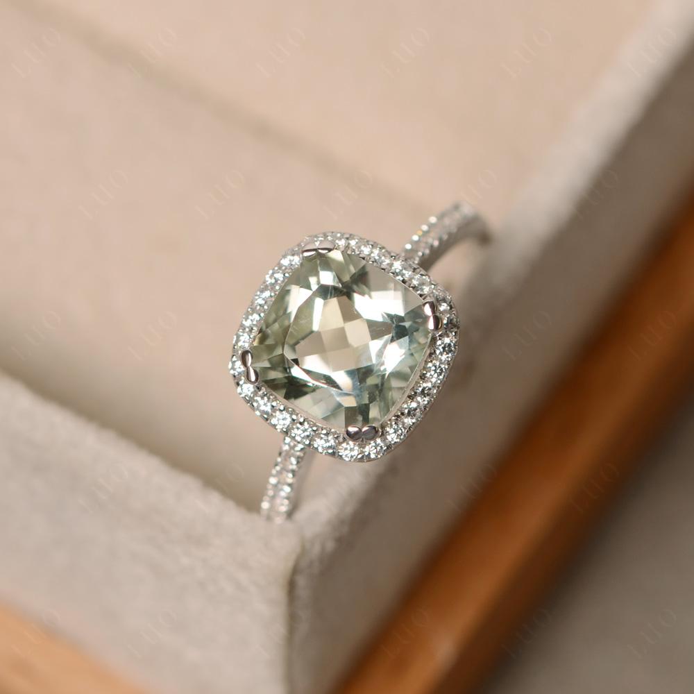 Cushion Cut Green Amethyst Halo Ring - LUO Jewelry 