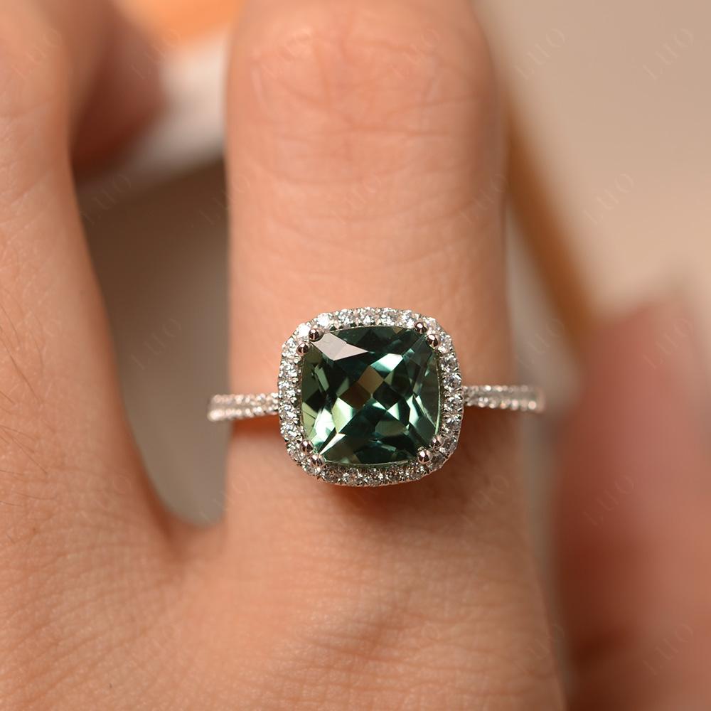 Cushion Cut Green Sapphire Halo Ring - LUO Jewelry 