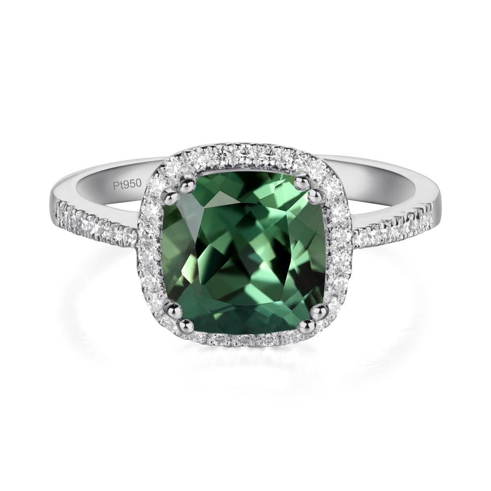 Cushion Cut Green Sapphire Halo Ring - LUO Jewelry #metal_platinum