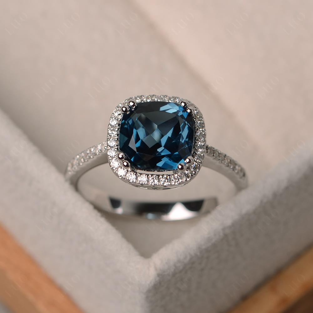 Cushion Cut London Blue Topaz Halo Ring - LUO Jewelry 