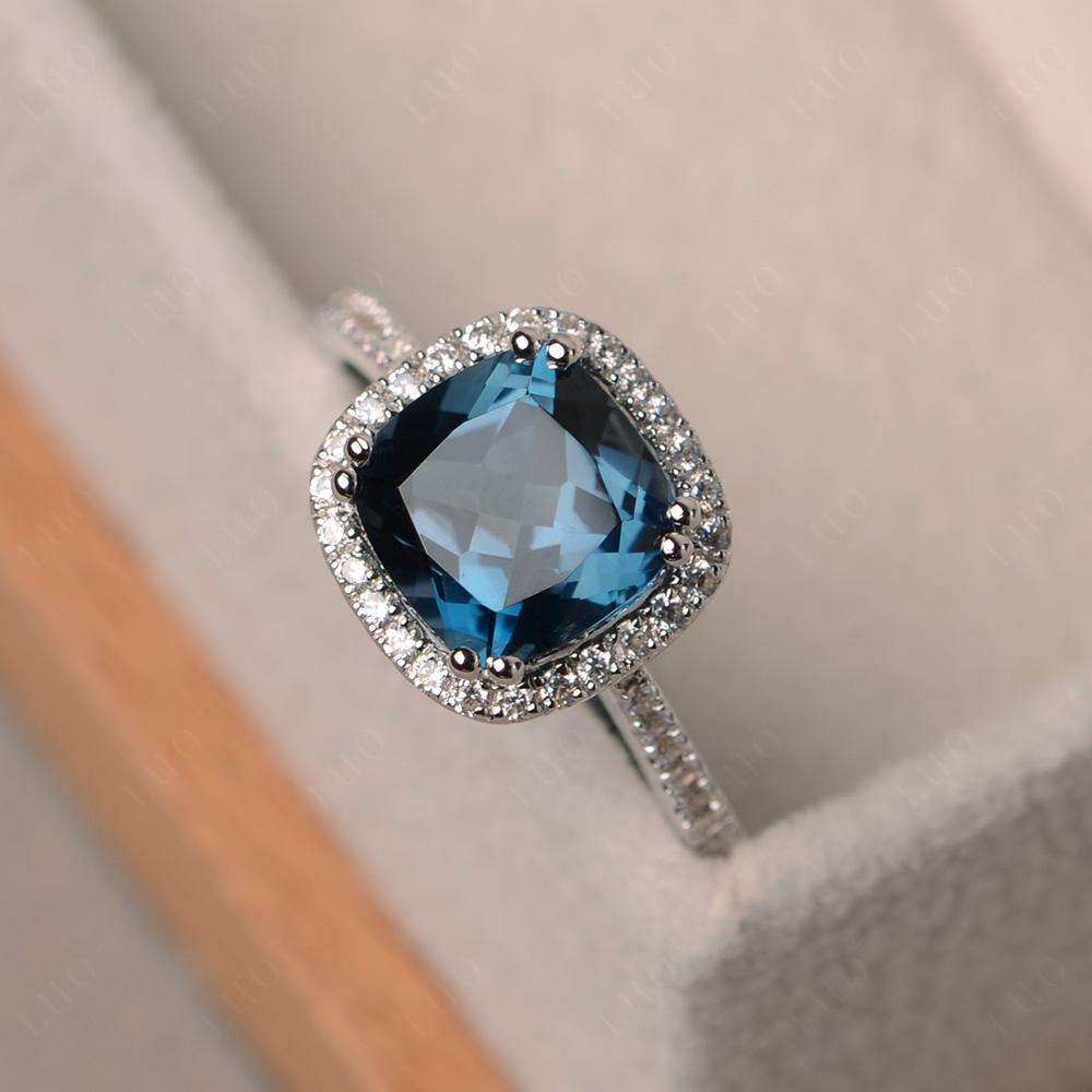 Cushion Cut London Blue Topaz Halo Ring - LUO Jewelry 