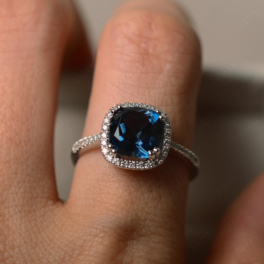 Cushion Cut London Blue Topaz Halo Ring - LUO Jewelry 