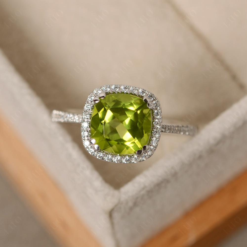 Cushion Cut Peridot Halo Ring - LUO Jewelry 