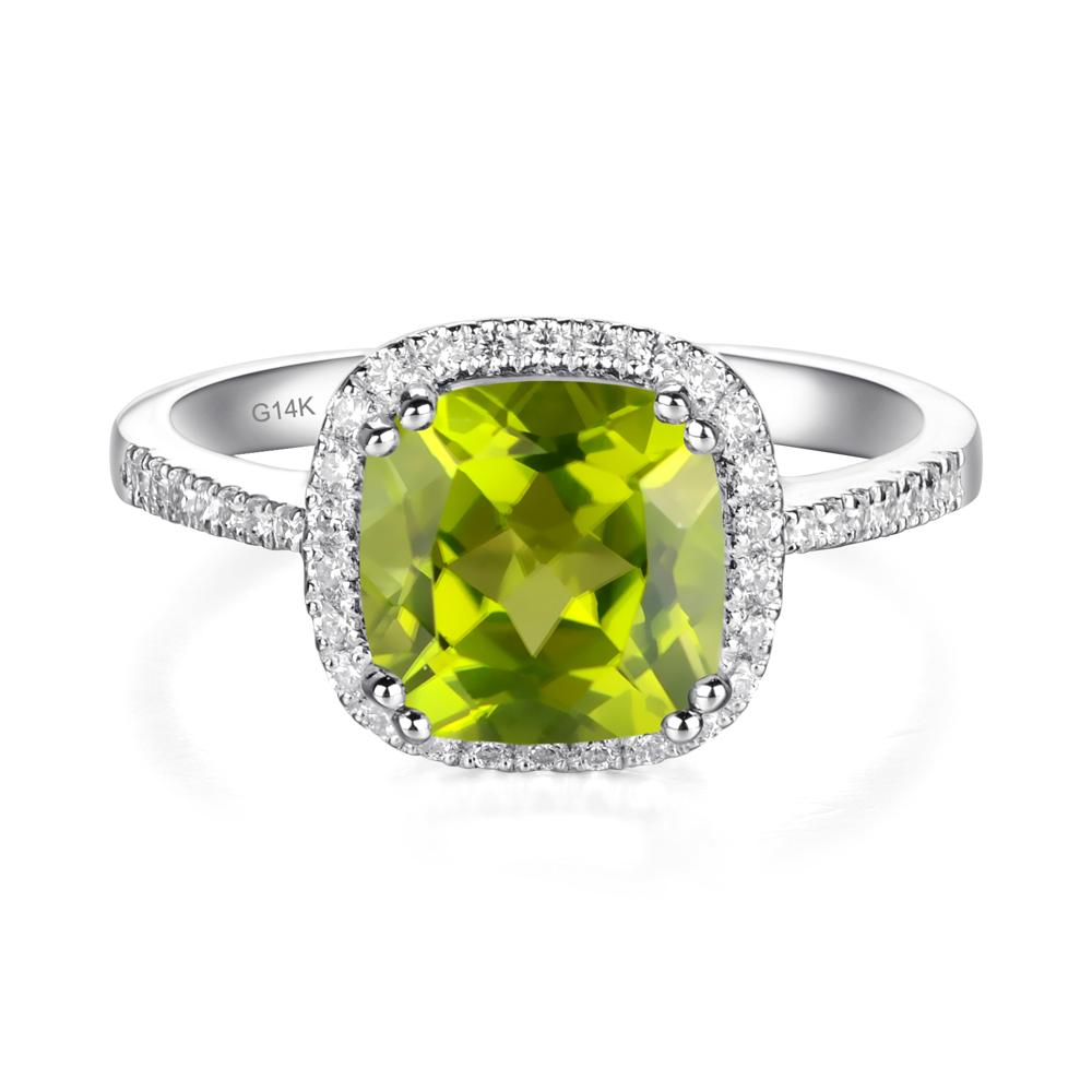 Cushion Cut Peridot Halo Ring - LUO Jewelry #metal_14k white gold