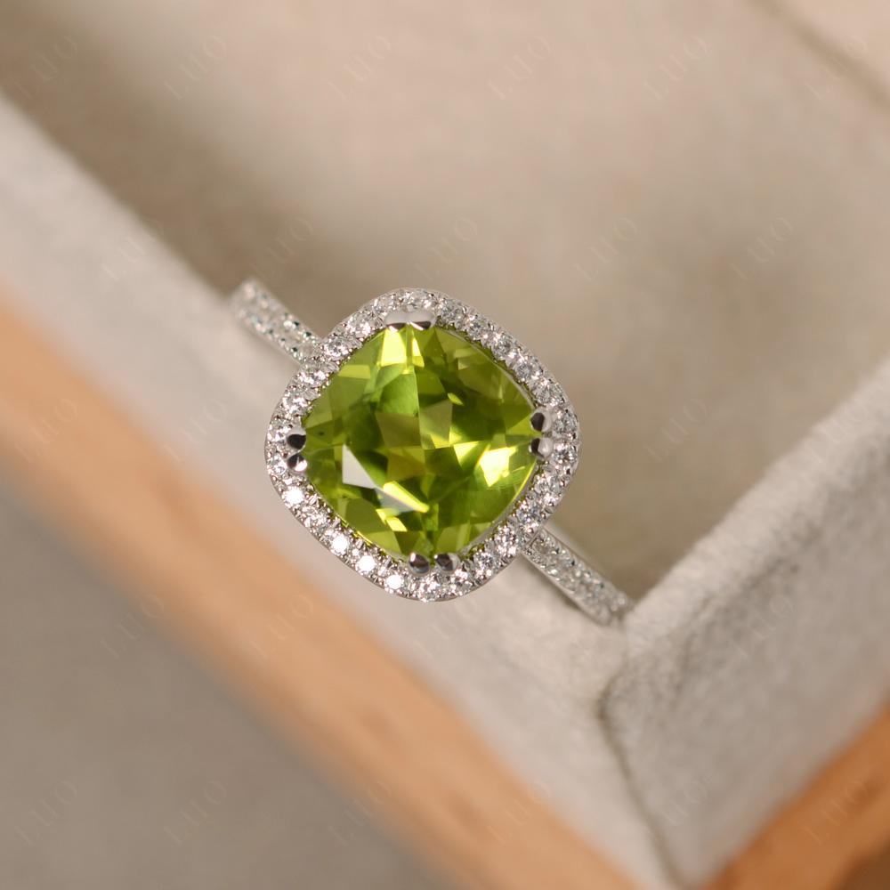 Cushion Cut Peridot Halo Ring - LUO Jewelry 