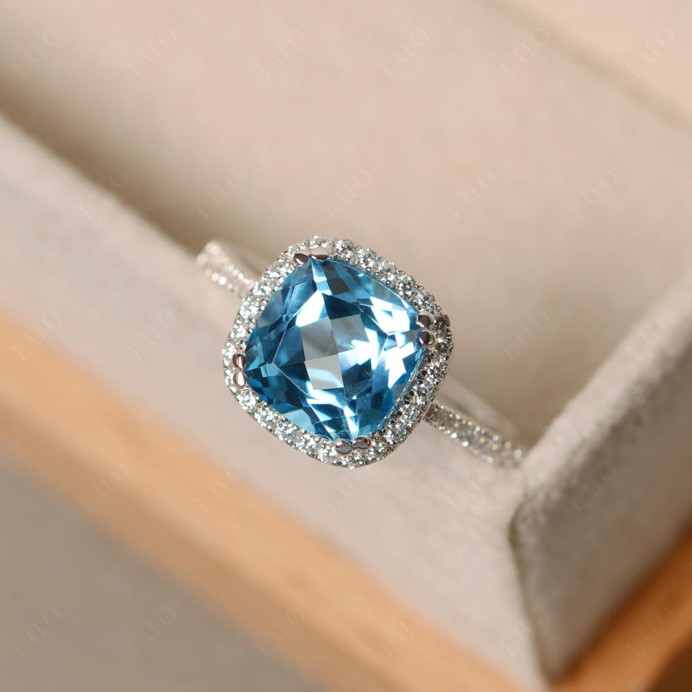 Cushion Cut Swiss Blue Topaz Halo Ring - LUO Jewelry 