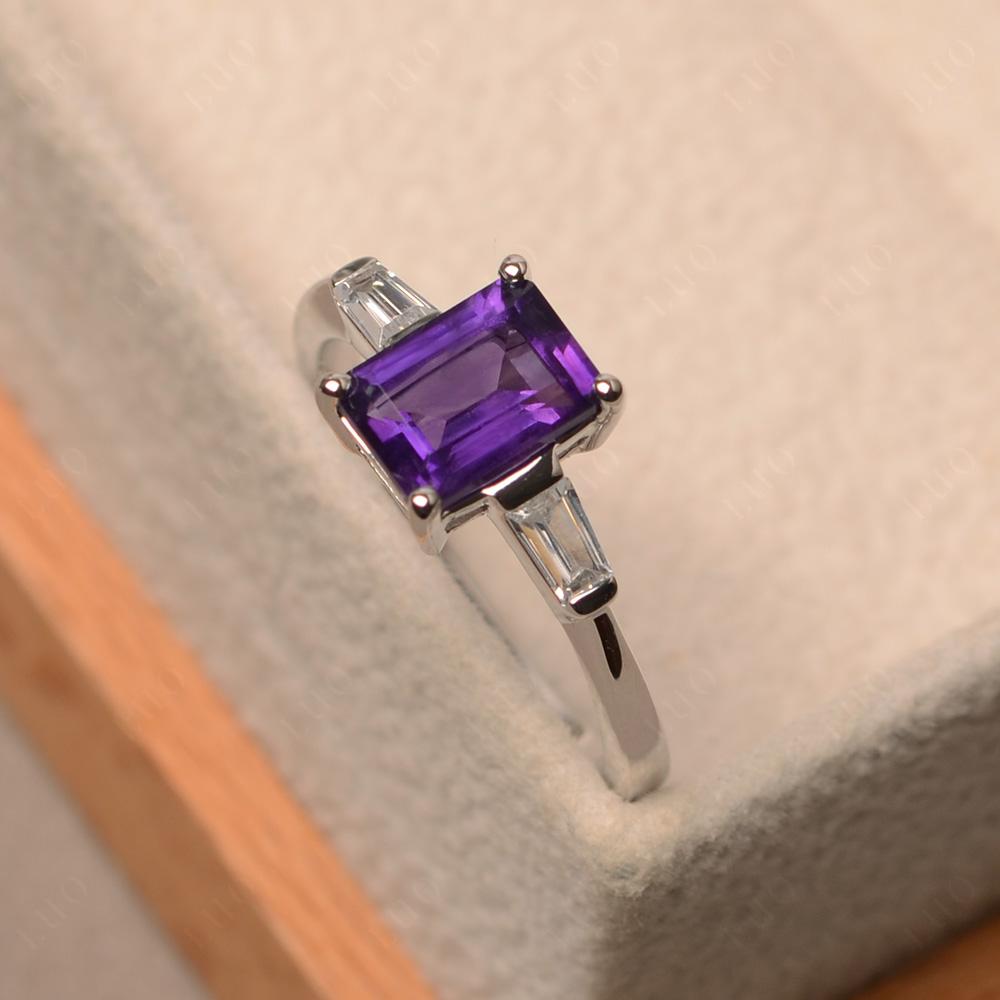 Stunning Sterling Silver Ring wi Emerald Cut outlet Amethyst and Pear Clear Baguettes