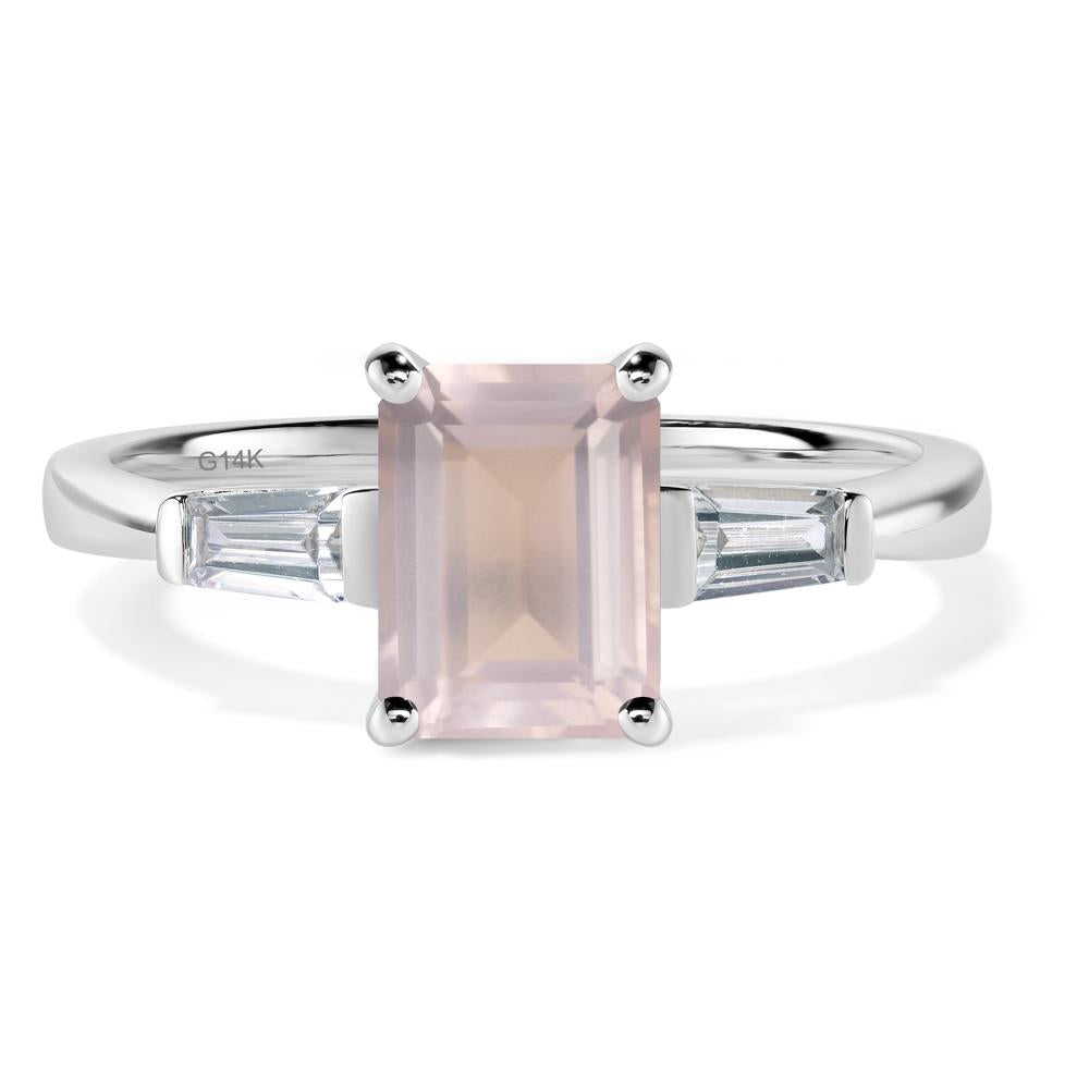 Rose Quartz Emerald Cut Baguette Ring - LUO Jewelry #metal_14k white gold