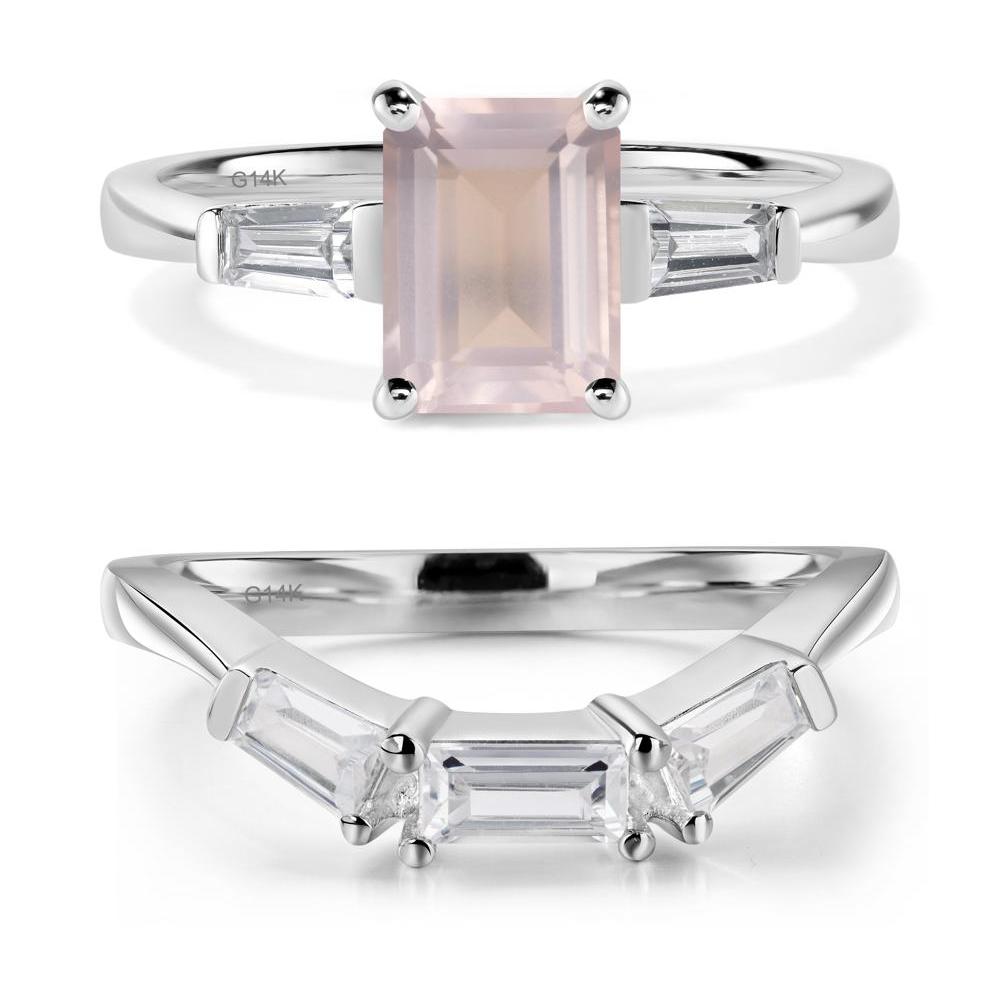 Rose Quartz Emerald Cut Baguette Ring - LUO Jewelry #metal_14k white gold