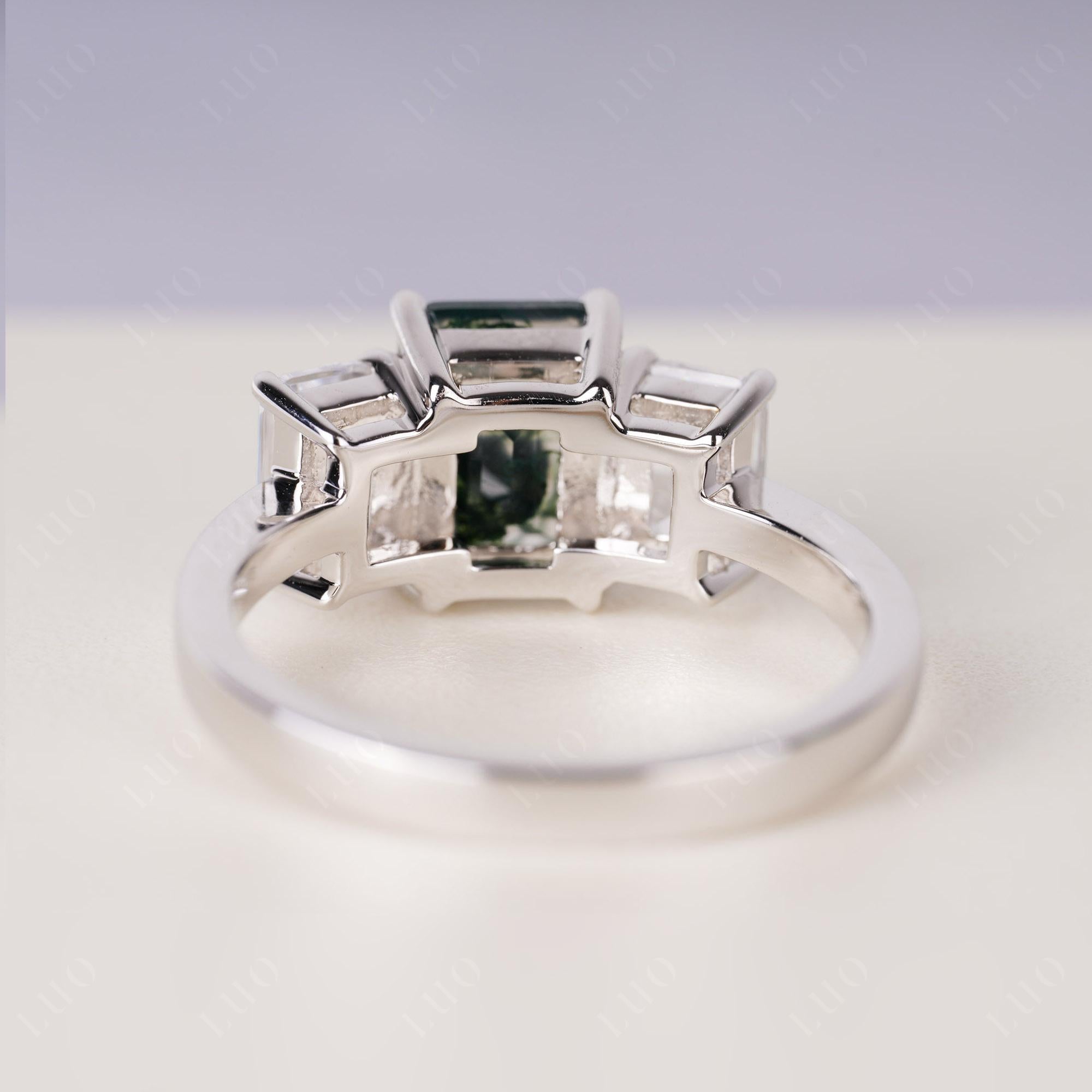 Moss Agate Three Stone Emerald Cut Ring | LUO Jewelry