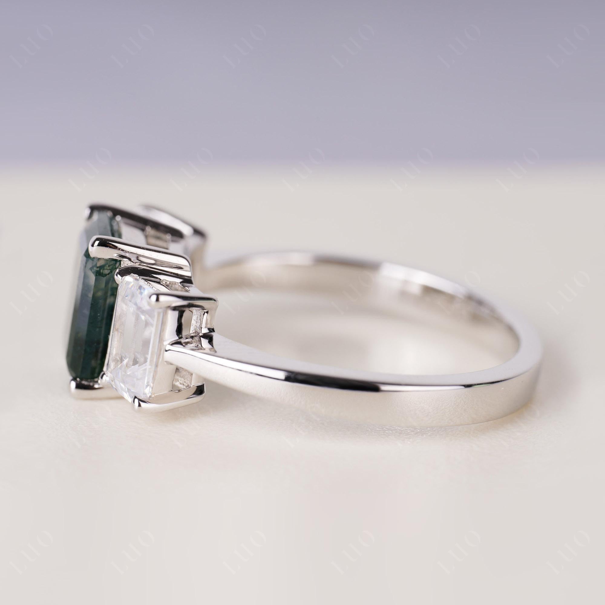 Moss Agate Three Stone Emerald Cut Ring | LUO Jewelry