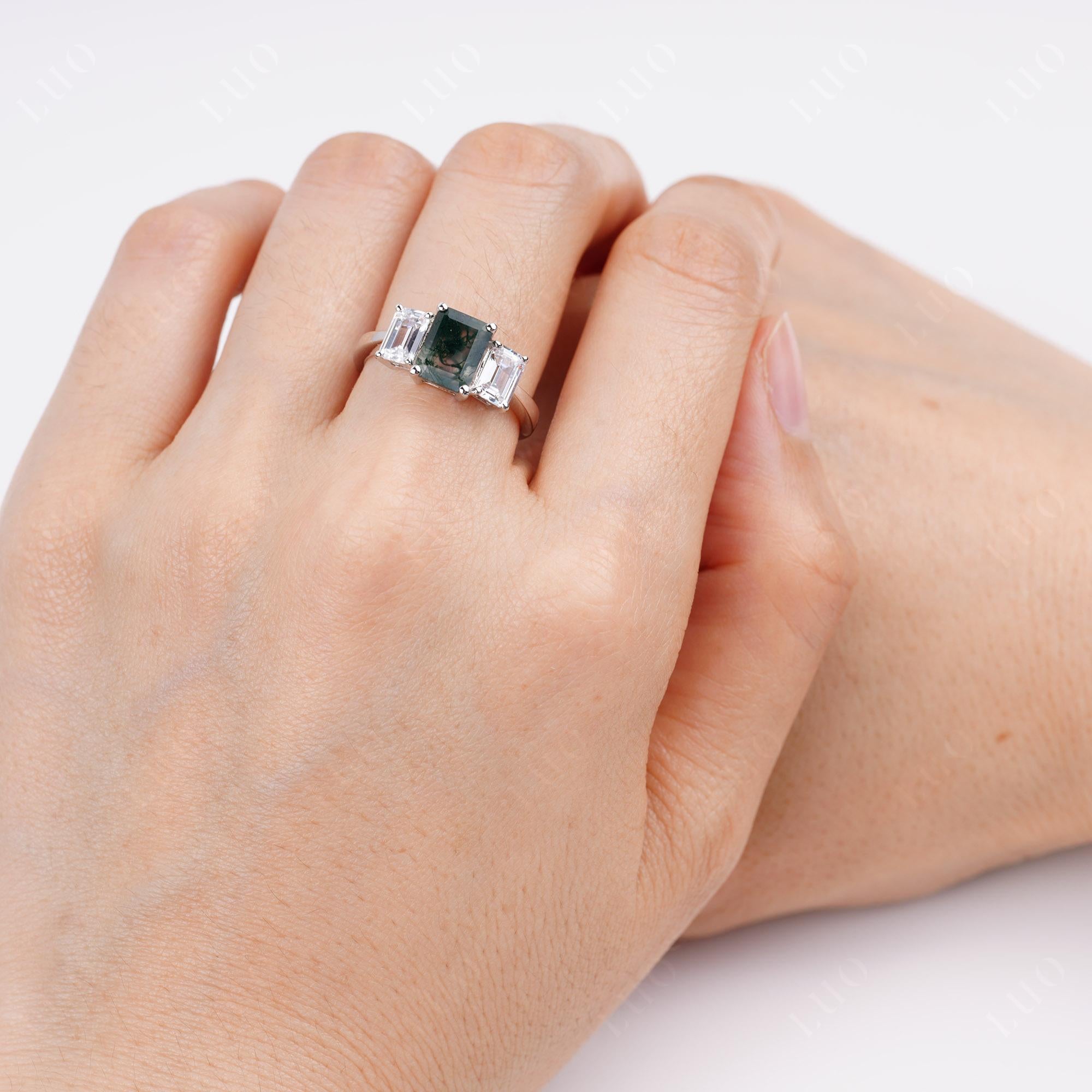 Moss Agate Three Stone Emerald Cut Ring | LUO Jewelry