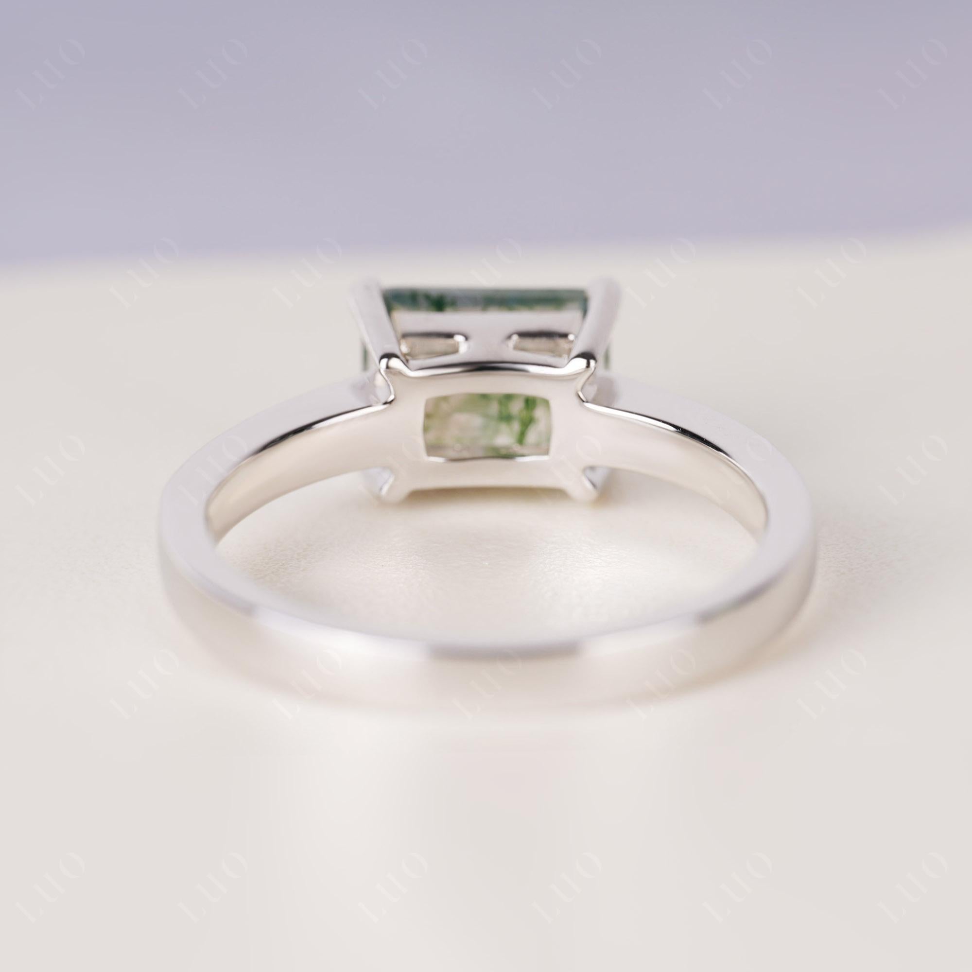 Horizontal Emerald Cut Moss Agate Solitaire Ring | LUO Jewelry