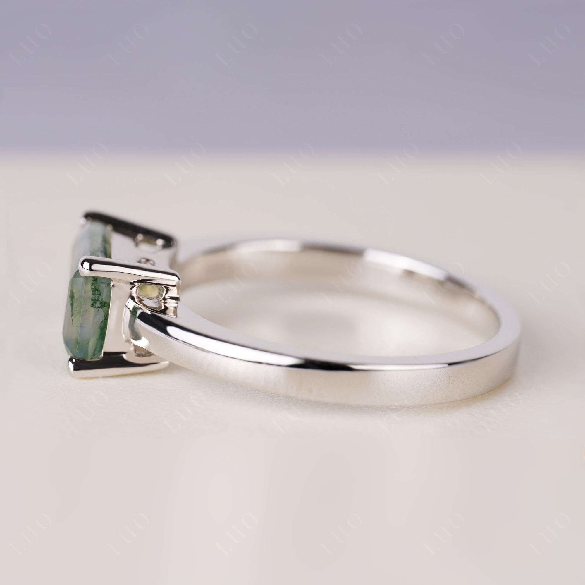 Horizontal Emerald Cut Moss Agate Solitaire Ring | LUO Jewelry