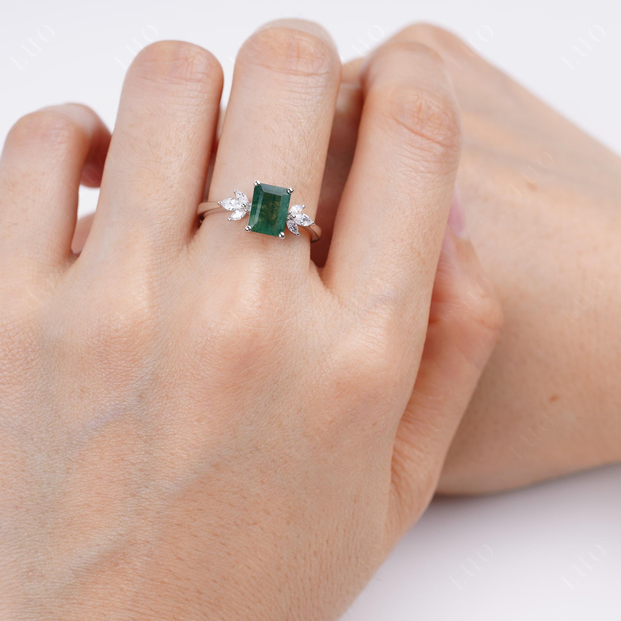 Sunburst Emerald Cut Moss Agate Ring | LUO Jewelry