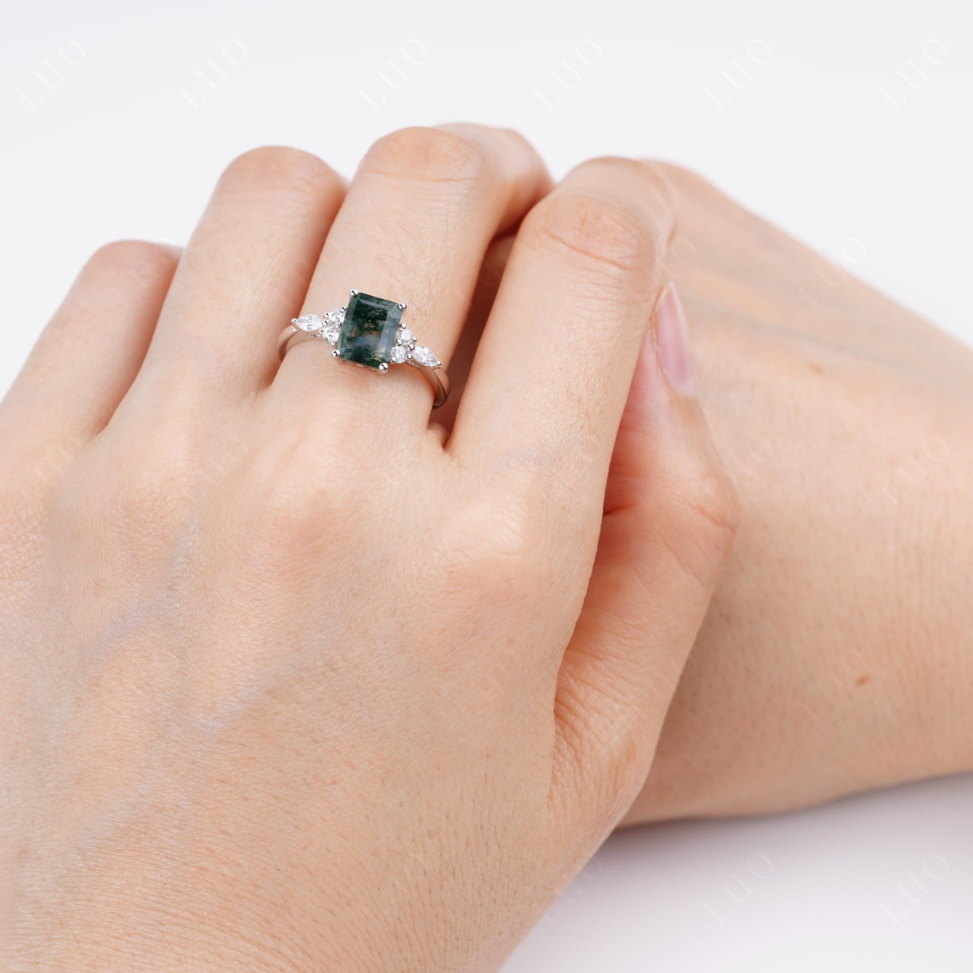 Simple Emerald Cut Moss Agate Ring | LUO Jewelry