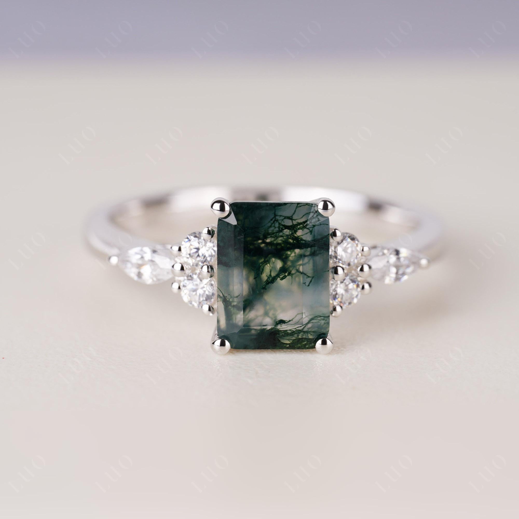 Simple Emerald Cut Moss Agate Ring - LUO Jewelry 