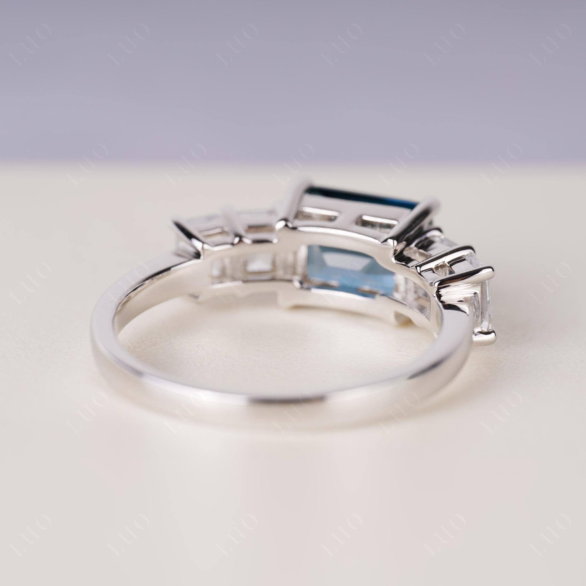 East West Emerald Cut London Blue Topaz Ring | LUO Jewelry