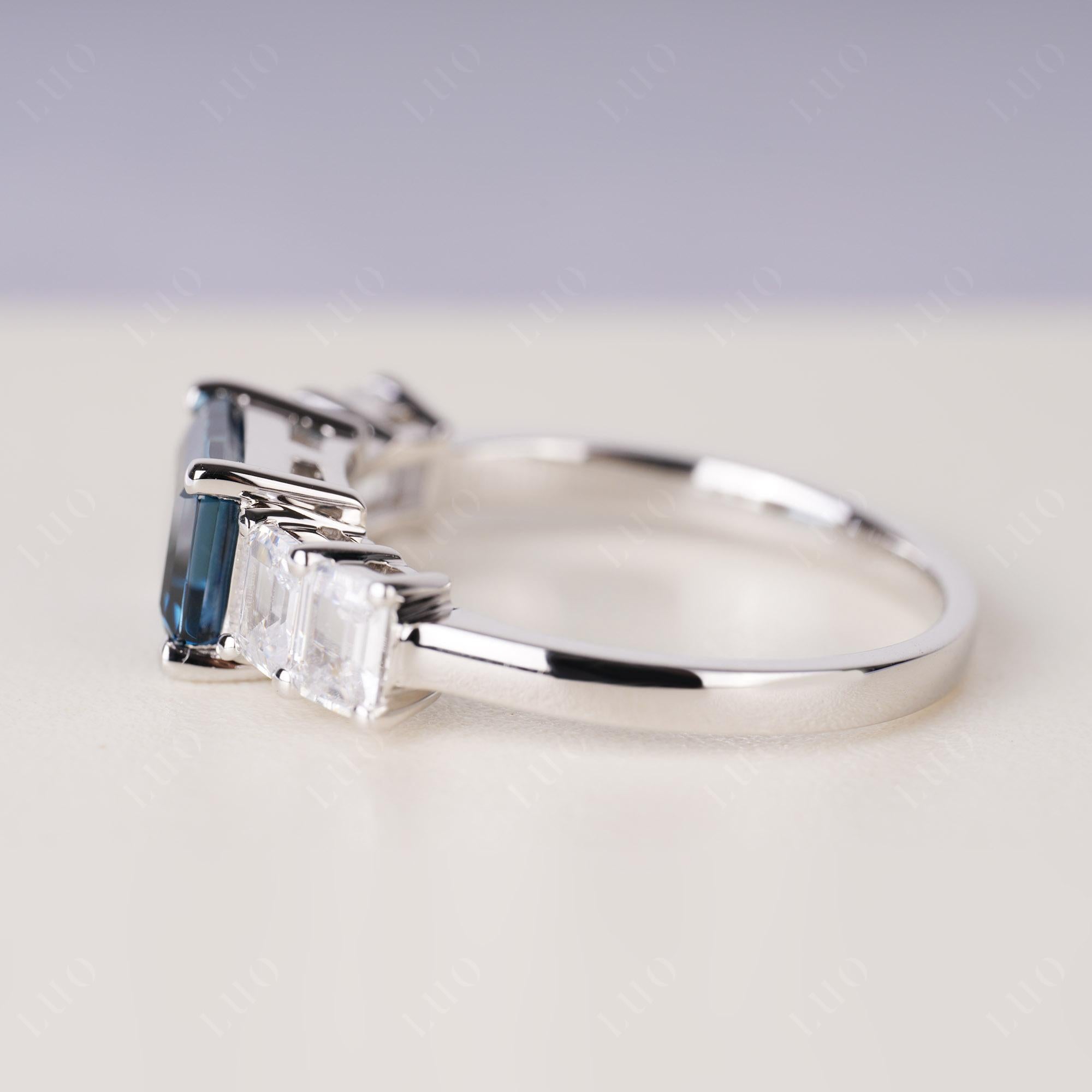 East West Emerald Cut London Blue Topaz Ring | LUO Jewelry