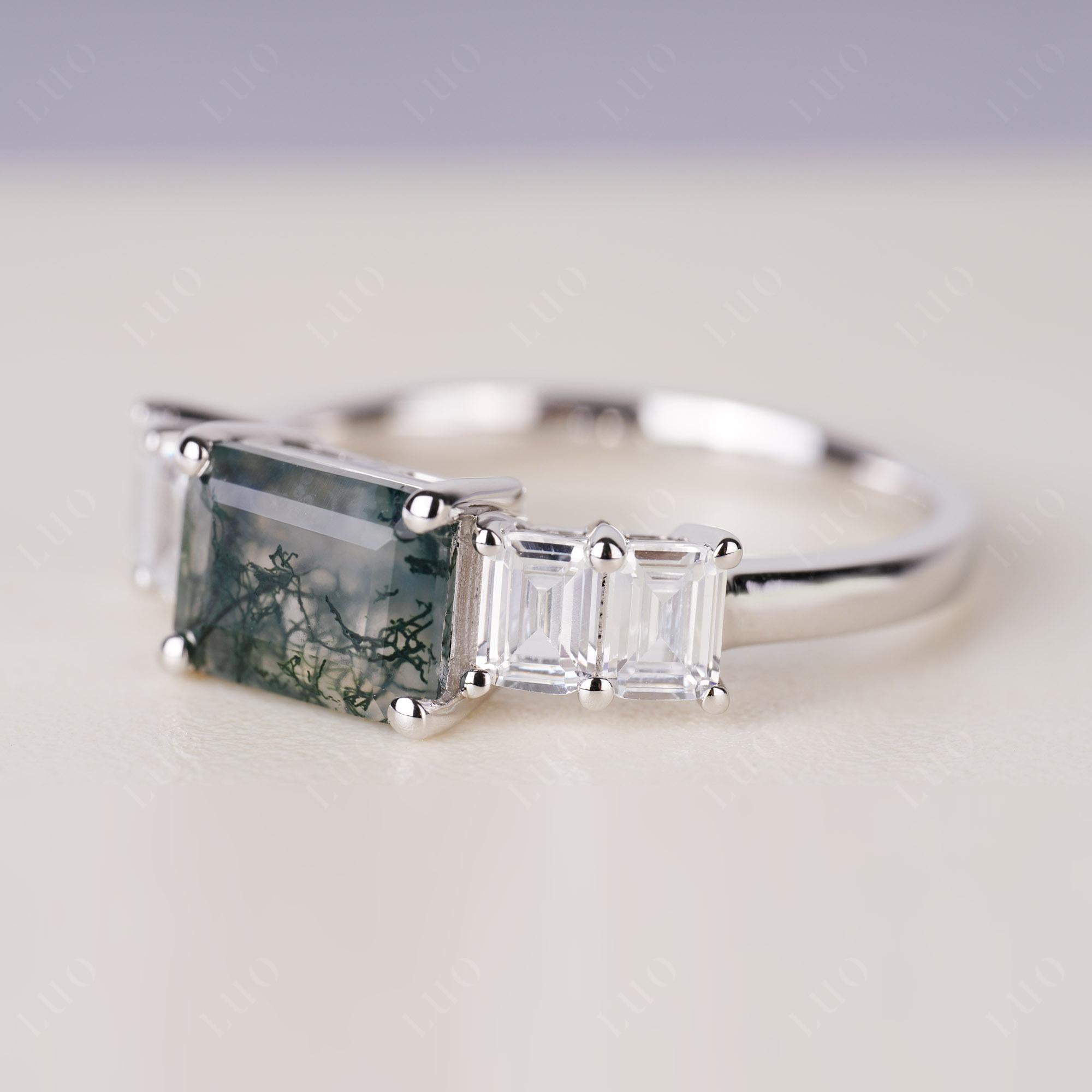 East West Emerald Cut Moss Agate Ring | LUO Jewelry