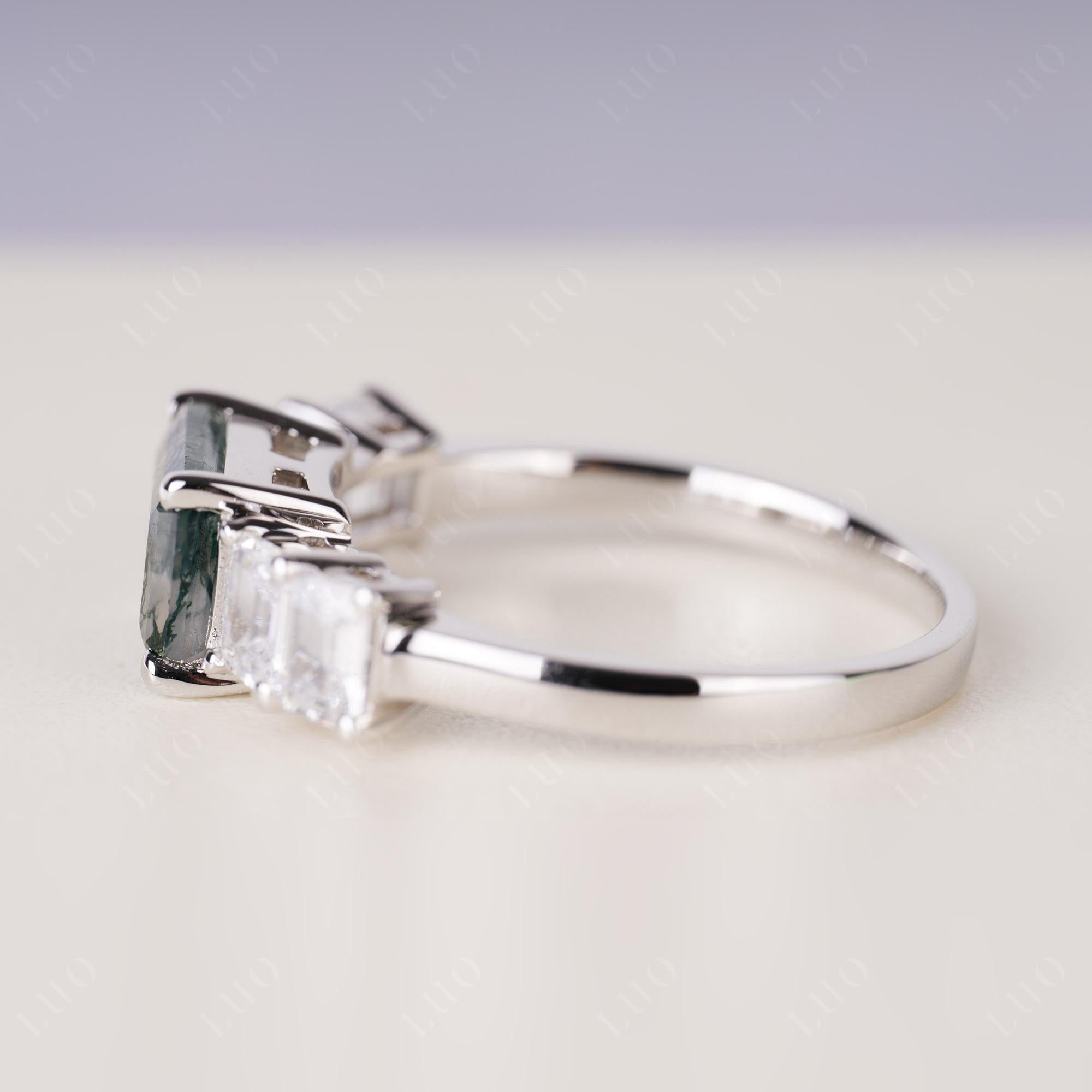 East West Emerald Cut Moss Agate Ring | LUO Jewelry