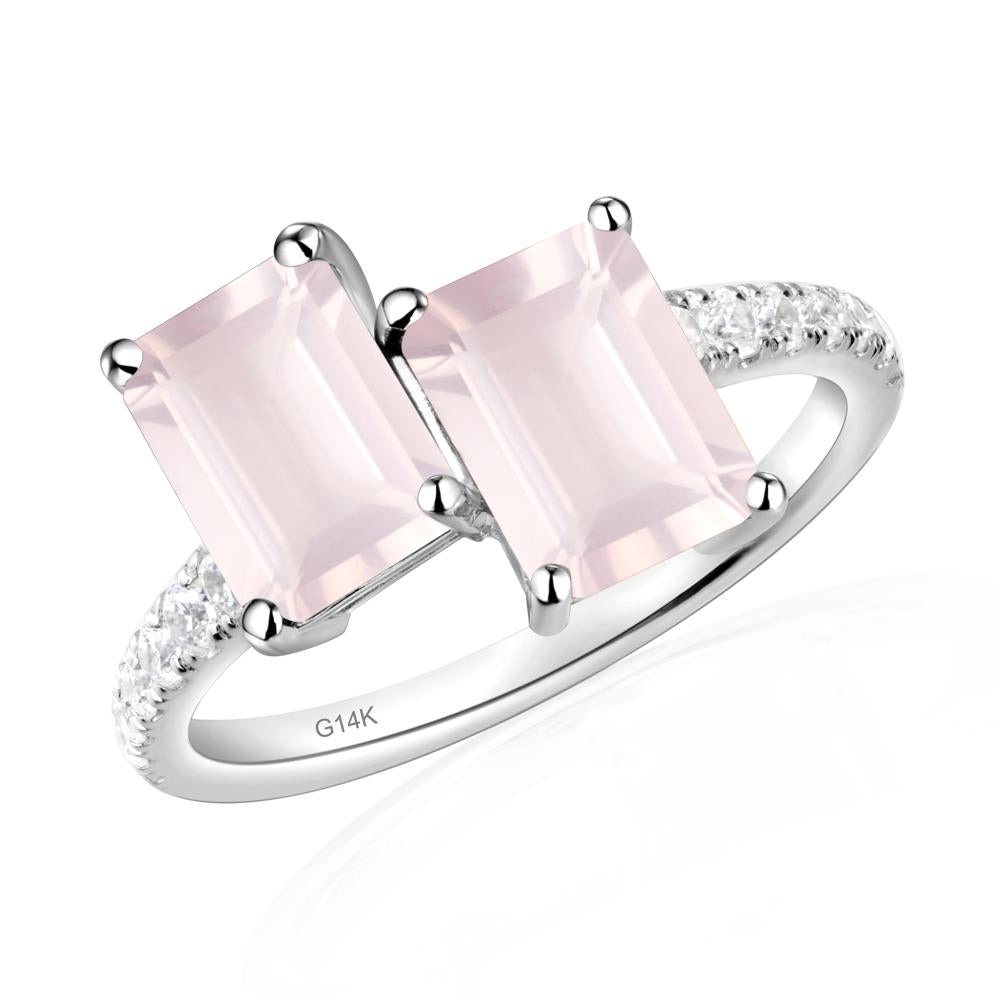 Emerald Cut Rose Quartz Toi Et Moi Ring | LUO Jewelry #metal_14k white gold