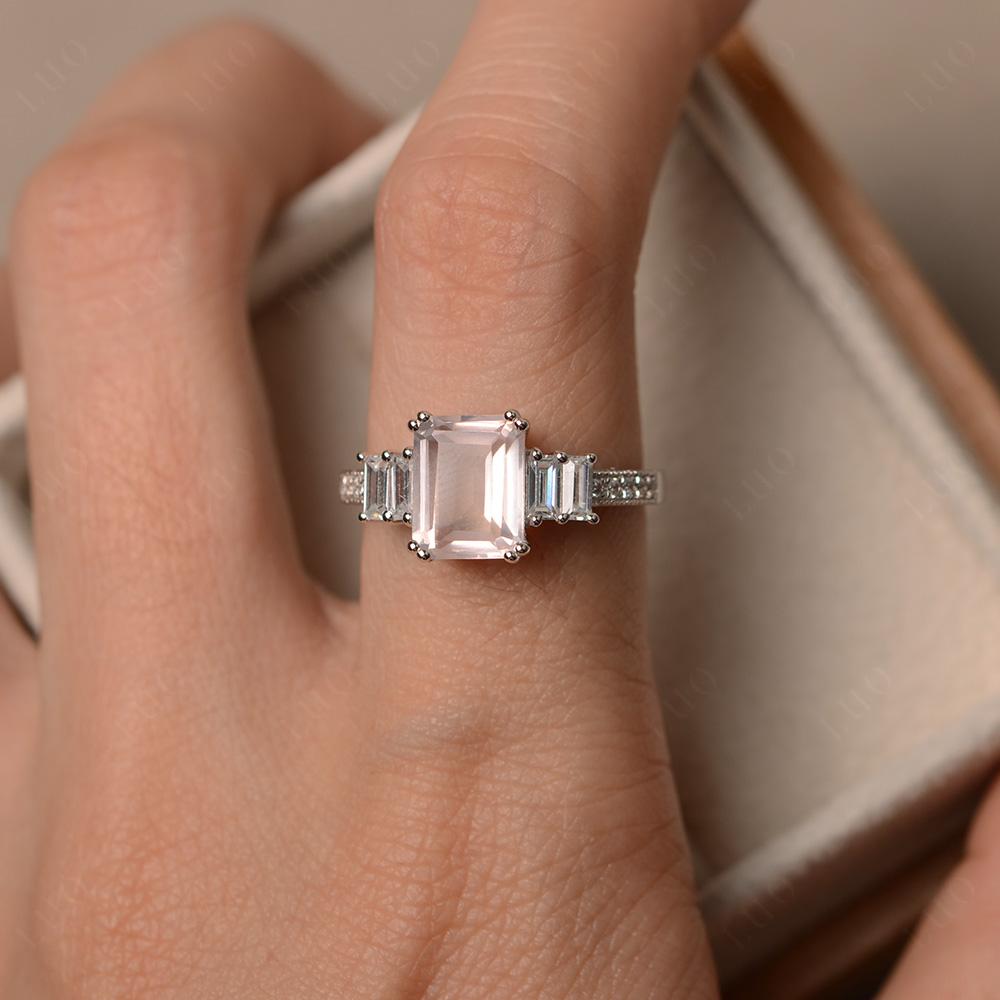 Double Prong Emerald Cut Rose Quartz Ring - LUO Jewelry 