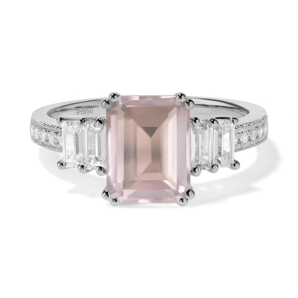 Double Prong Emerald Cut Rose Quartz Ring - LUO Jewelry #metal_platinum