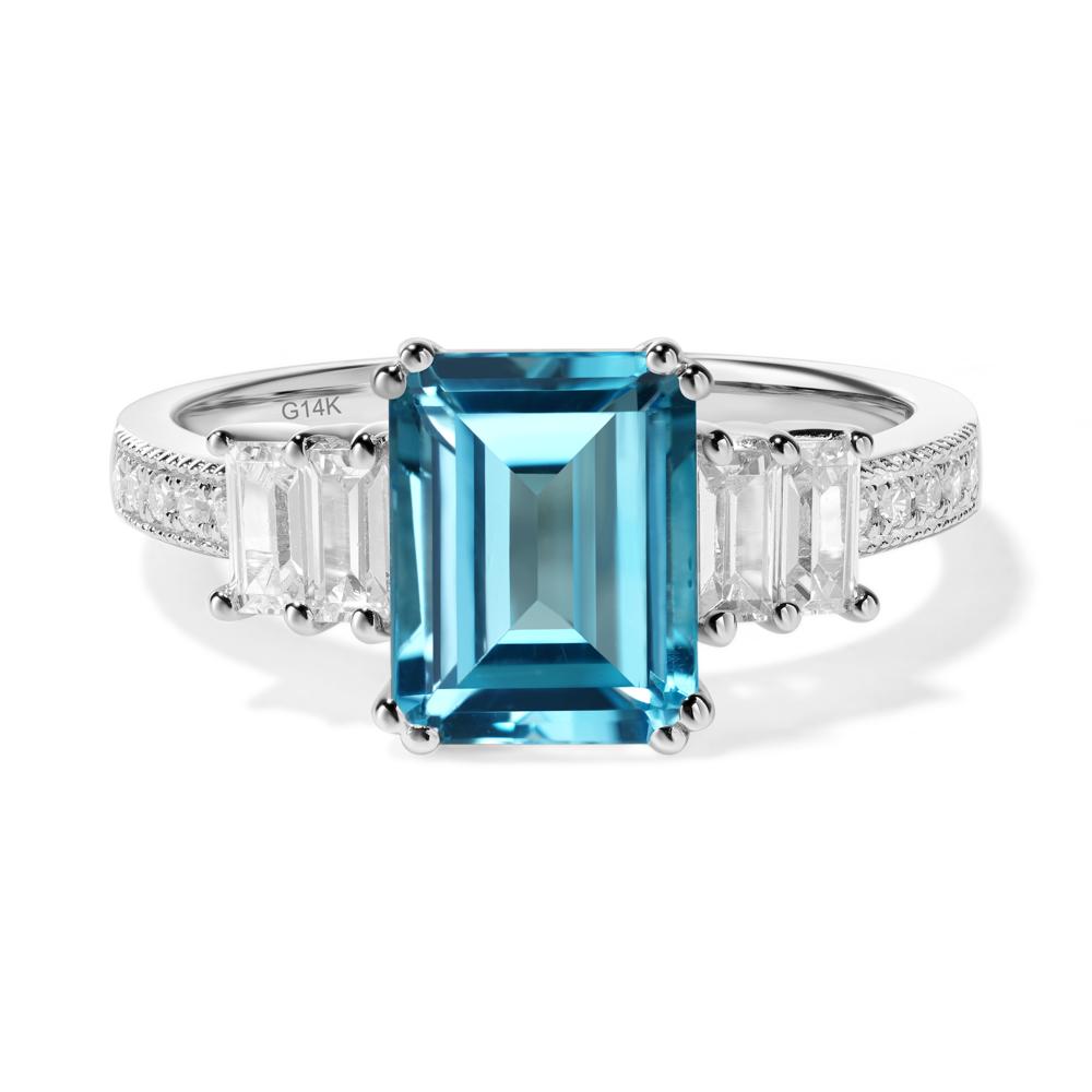 Emerald Cut Swiss Blue Topaz Milgrain Ring - LUO Jewelry #metal_14k white gold