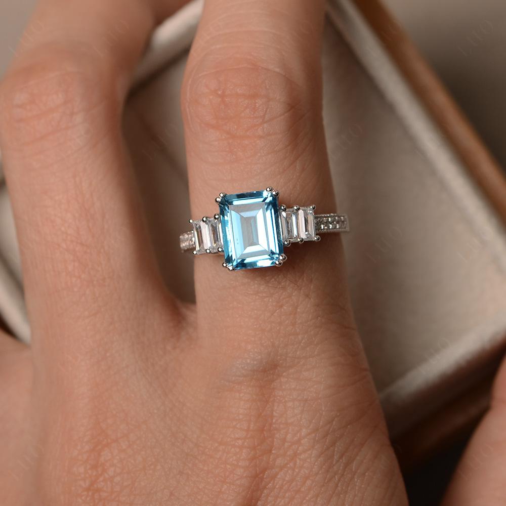 Emerald Cut Swiss Blue Topaz Milgrain Ring - LUO Jewelry 