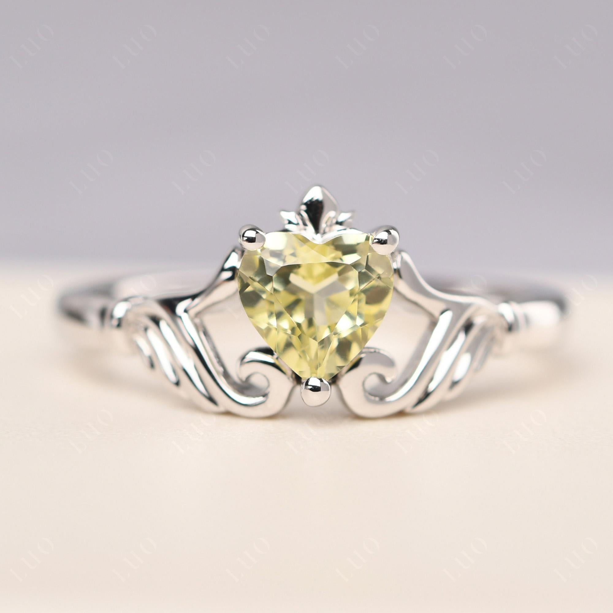 Heart Shaped Lemon Quartz Claddagh Ring - LUO Jewelry 