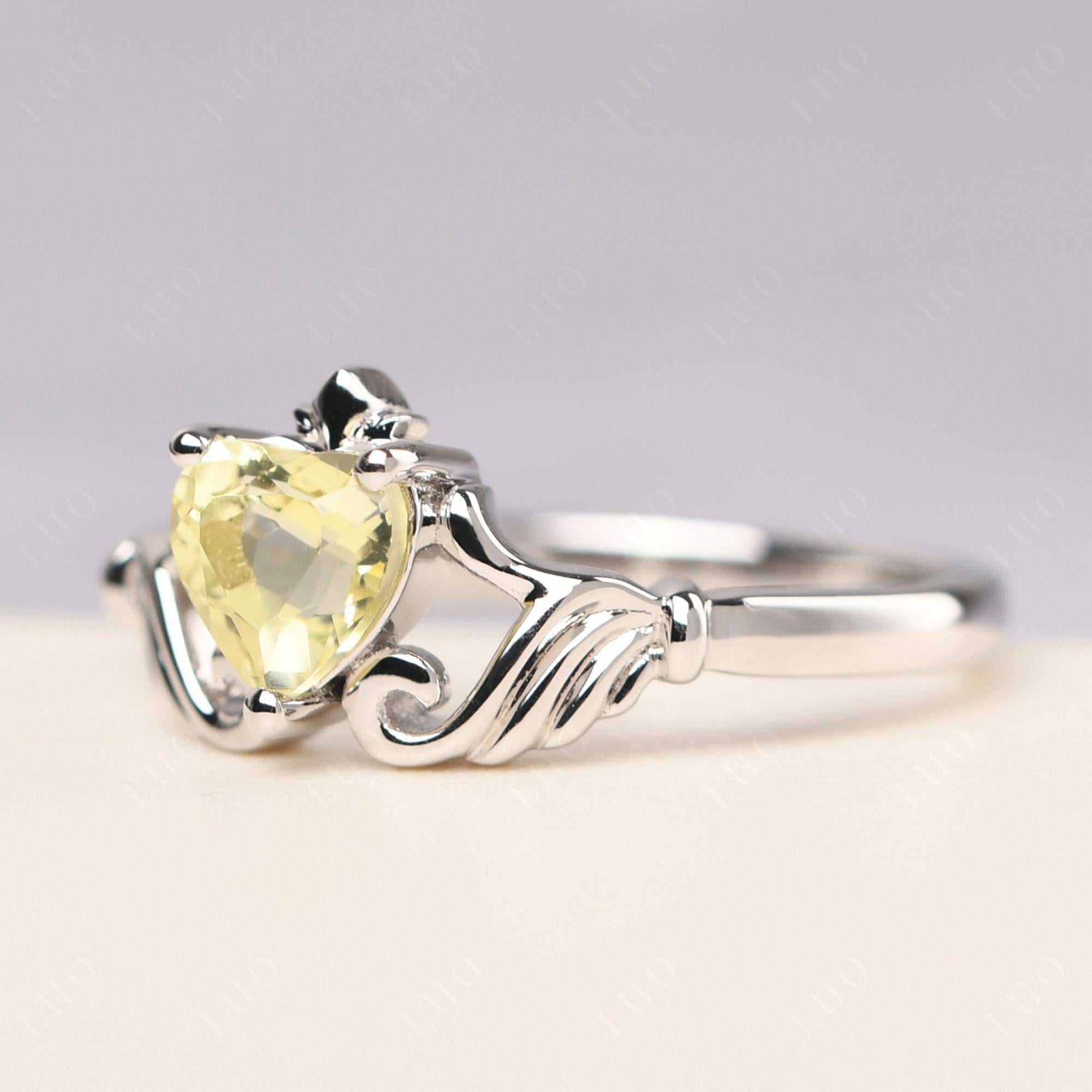 Heart Shaped Lemon Quartz Claddagh Ring - LUO Jewelry 