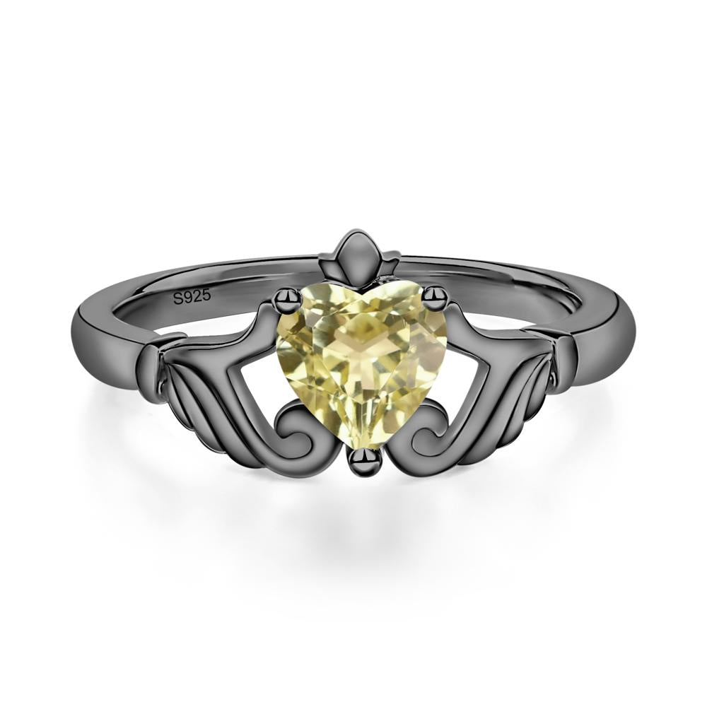 Heart Shaped Lemon Quartz Claddagh Ring - LUO Jewelry #metal_black finish sterling silver