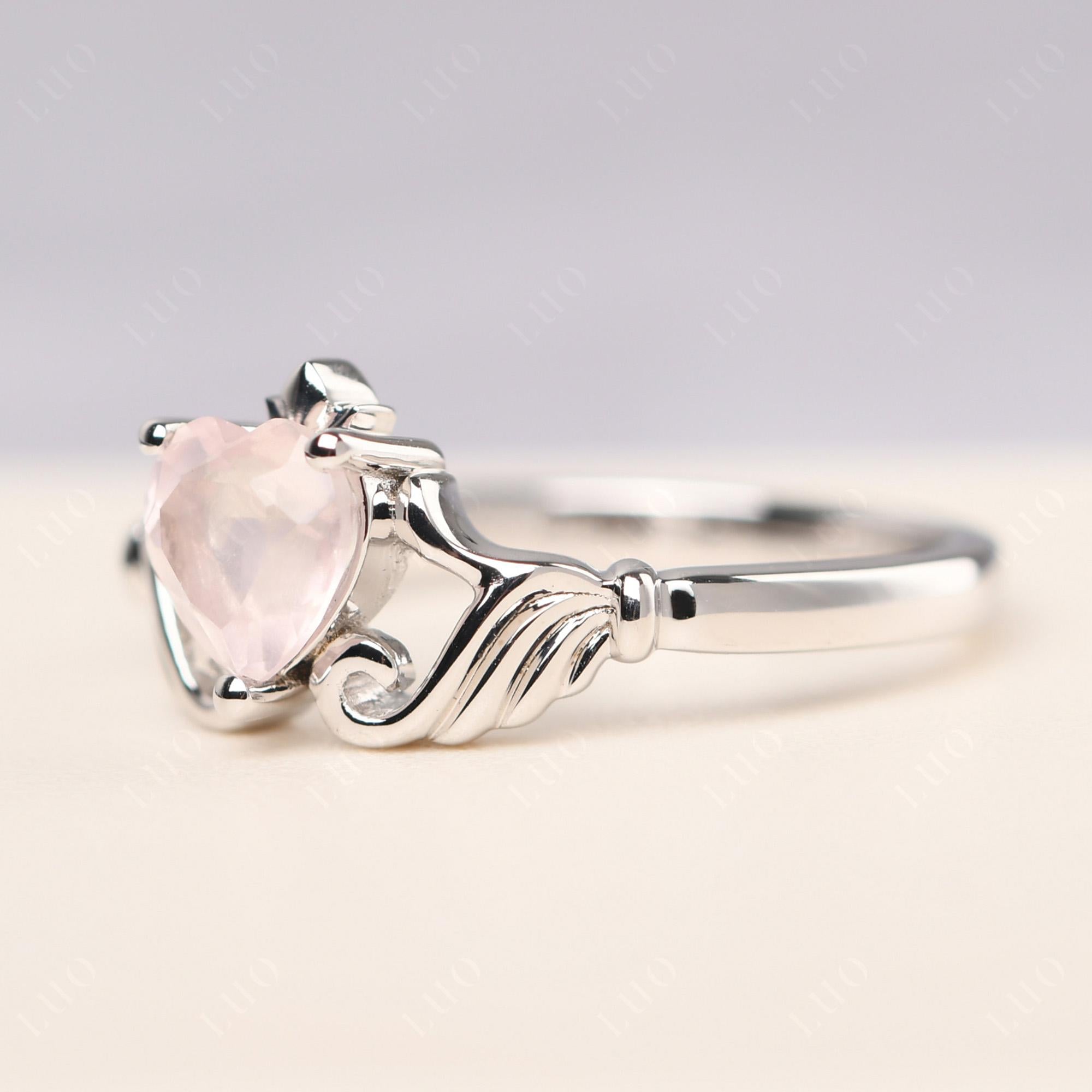 Heart Shaped Rose Quartz Claddagh Ring - LUO Jewelry 